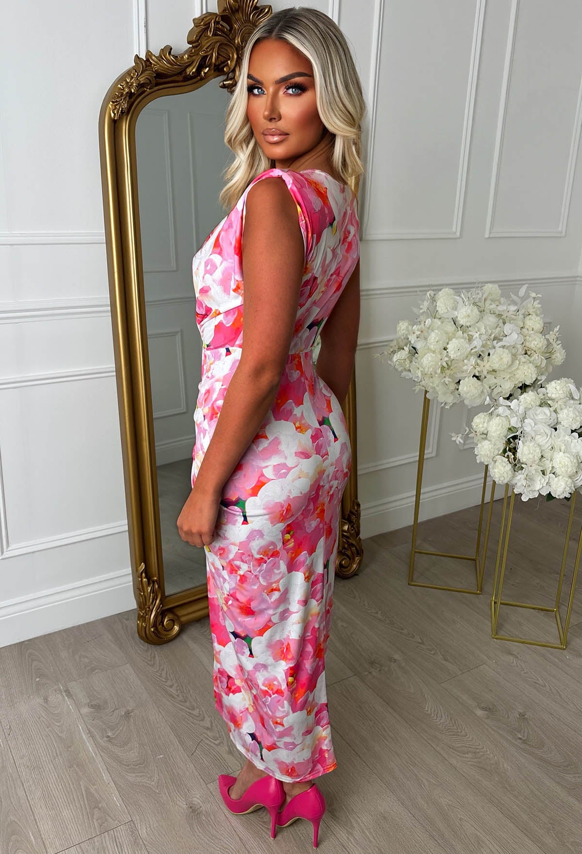 Cocktail Hour Pink Peach Blossoms Sleeveless Plunge Ruched Midi Dress