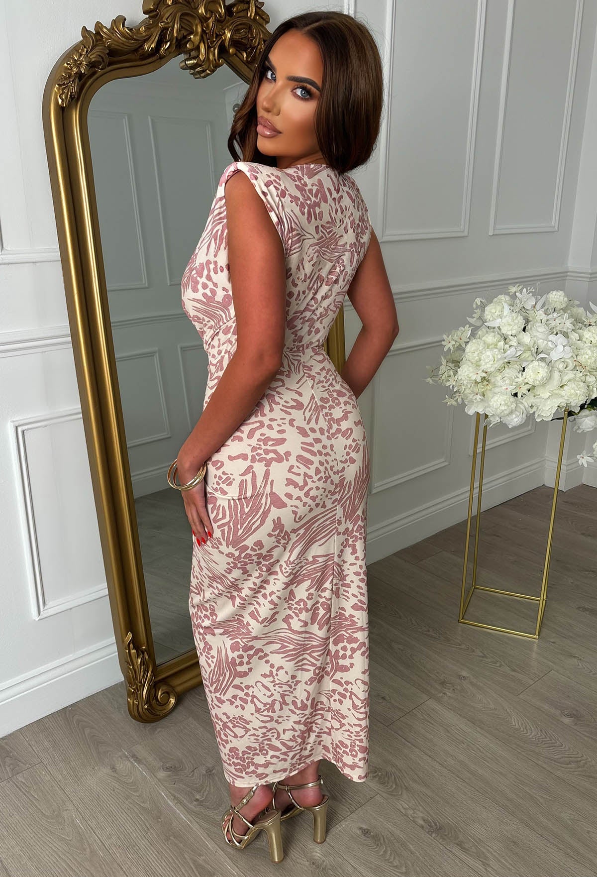 Cocktail Hour Pink Stretch Sleeveless Plunge Ruched Animal Print Midi Dress