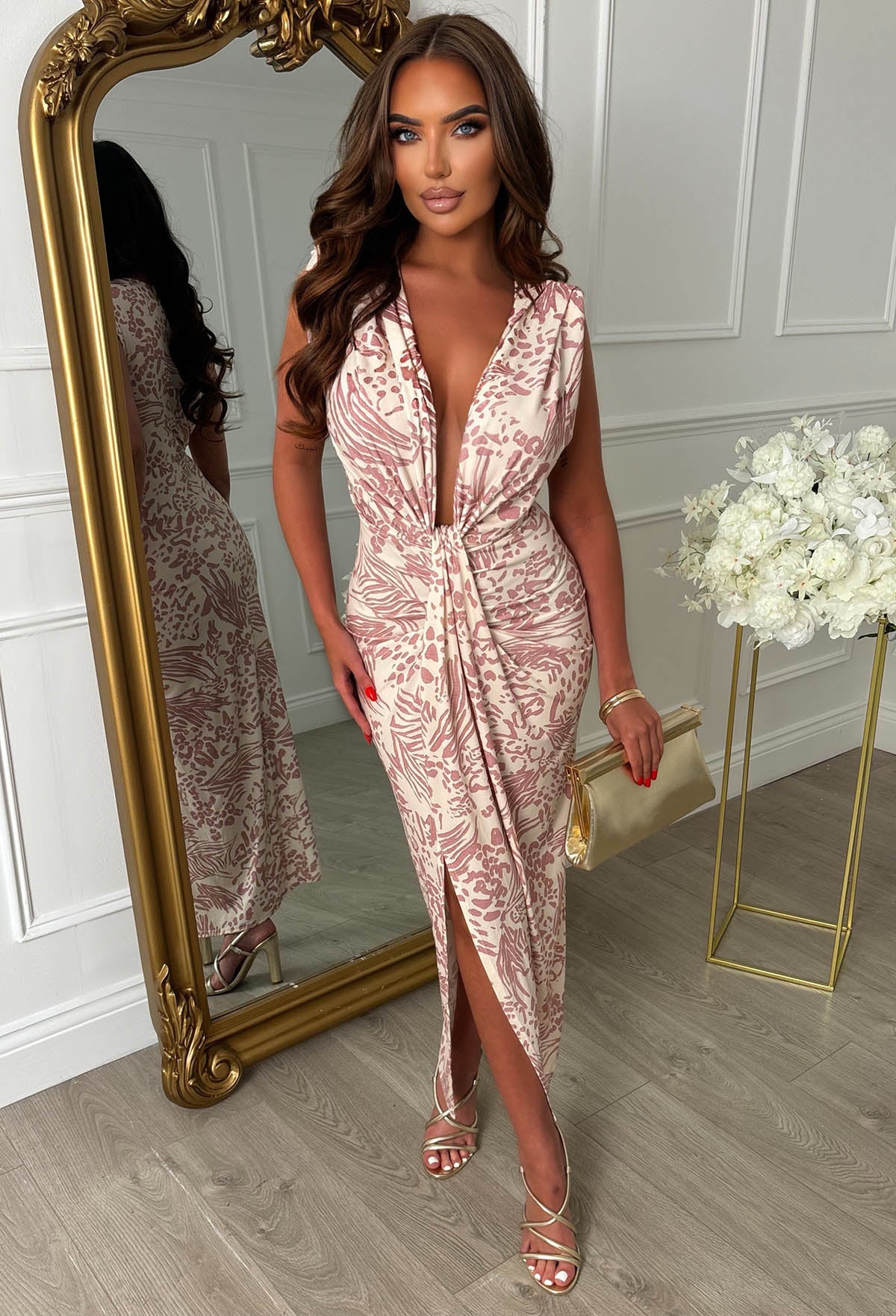 Cocktail Hour Pink Stretch Sleeveless Plunge Ruched Animal Print Midi Dress