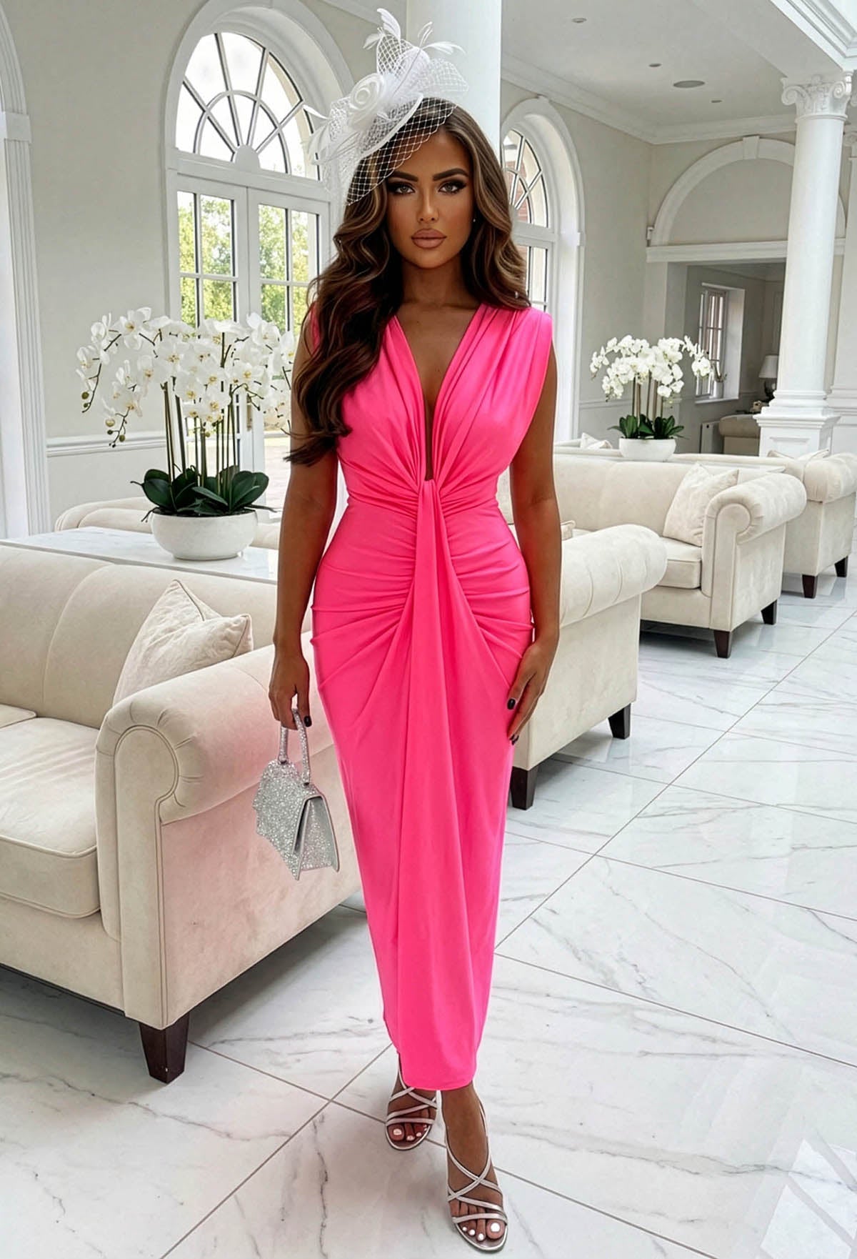 Cocktail Hour Pink Stretch Sleeveless Plunge Ruched Midi Dress | Pink Boutique Cocktail Hour Pink Stretch Sleeveless Plunge Ruched Midi Dress | Pink Boutique