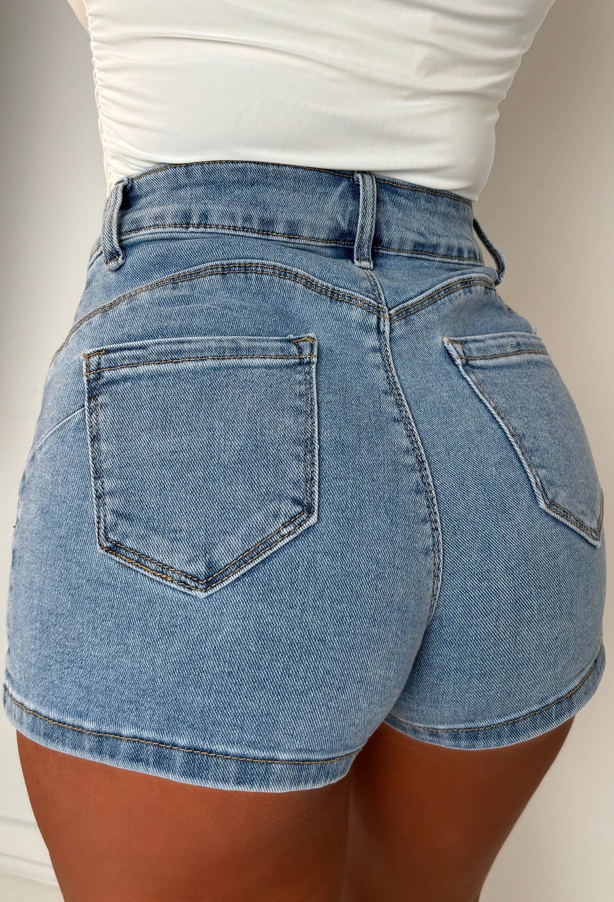 Coco Denim Mid Wash Stretch Denim Gold Button Shorts