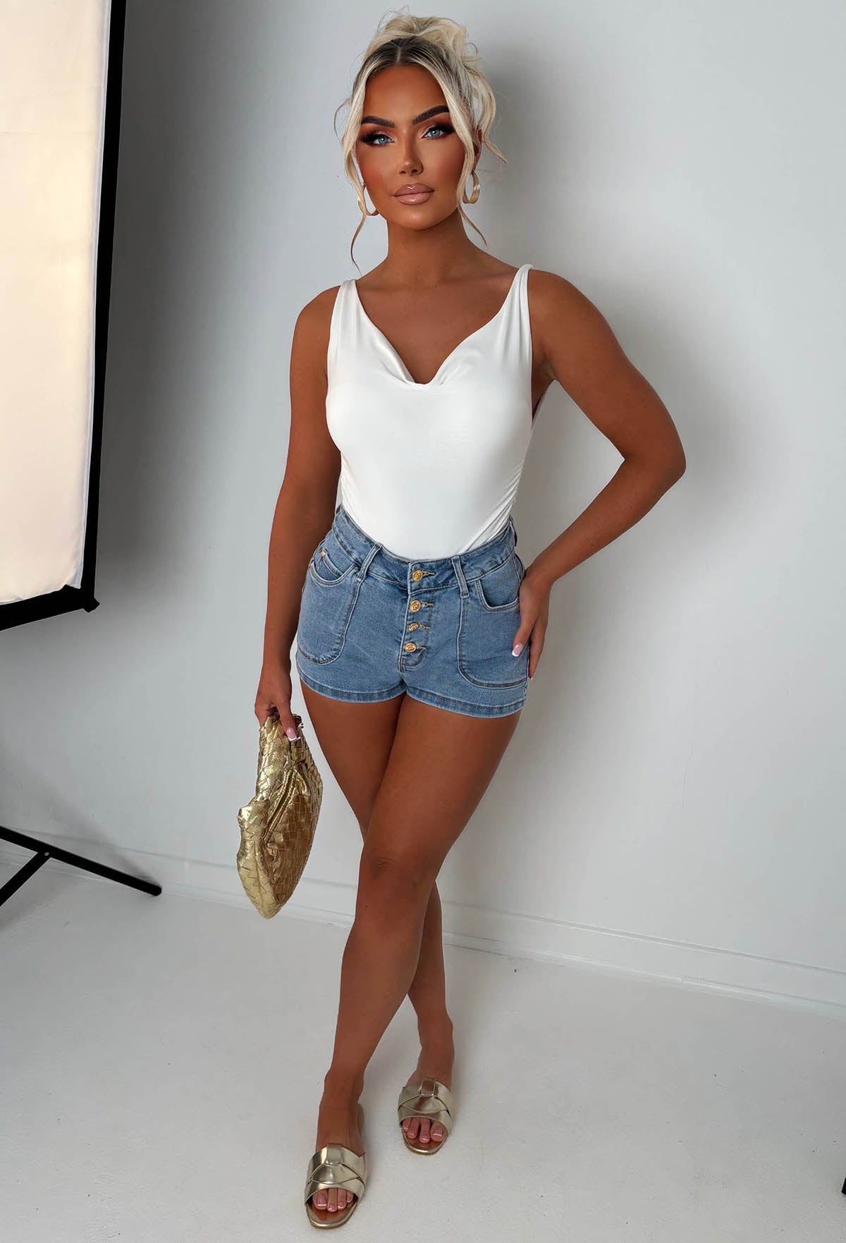 Coco Denim Mid Wash Stretch Denim Gold Button Shorts