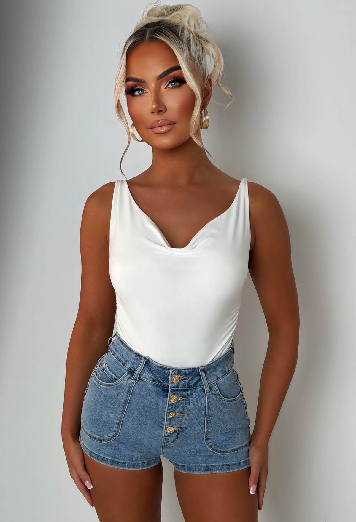 Coco Denim Mid Wash Stretch Denim Gold Button Shorts