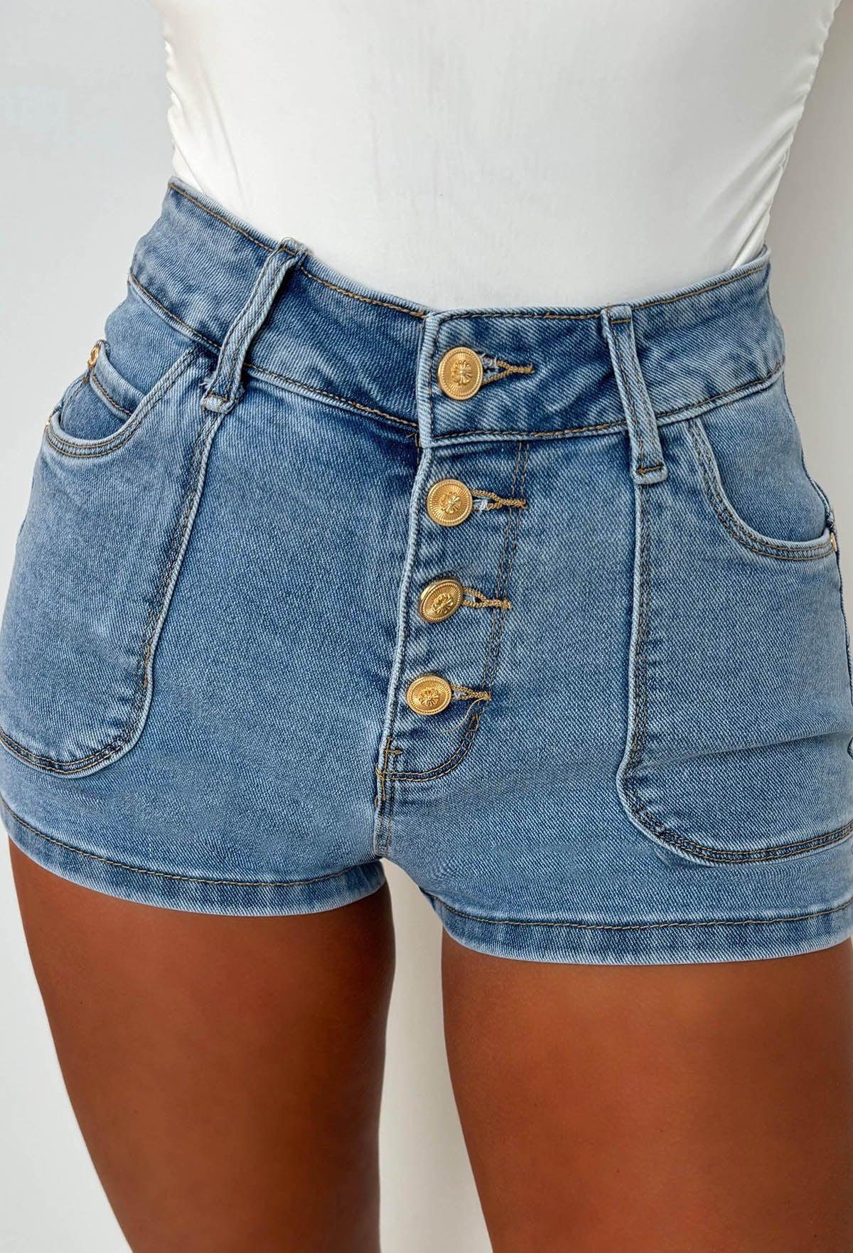 Coco Denim Mid Wash Stretch Denim Gold Button Shorts