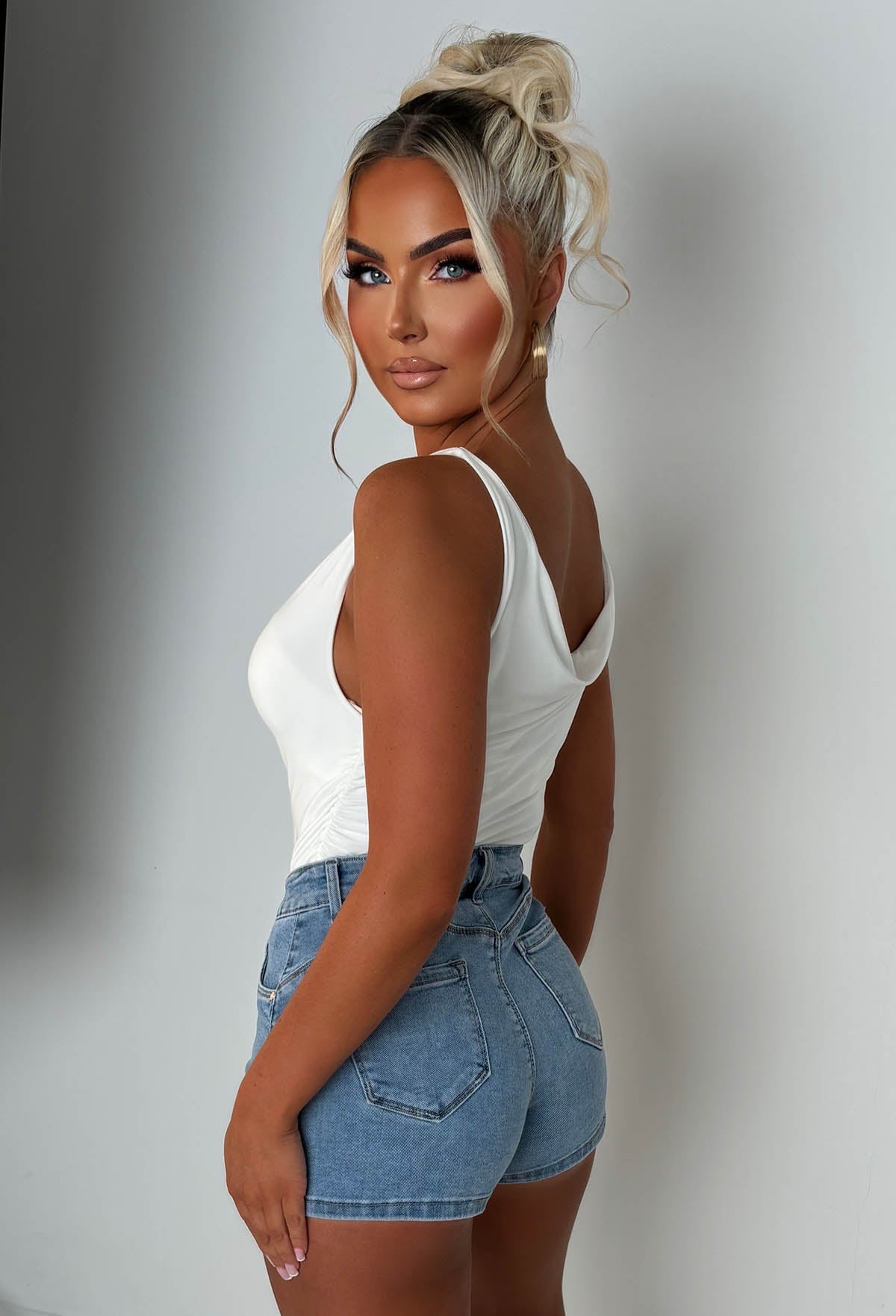 Coco Denim Mid Wash Stretch Denim Gold Button Shorts