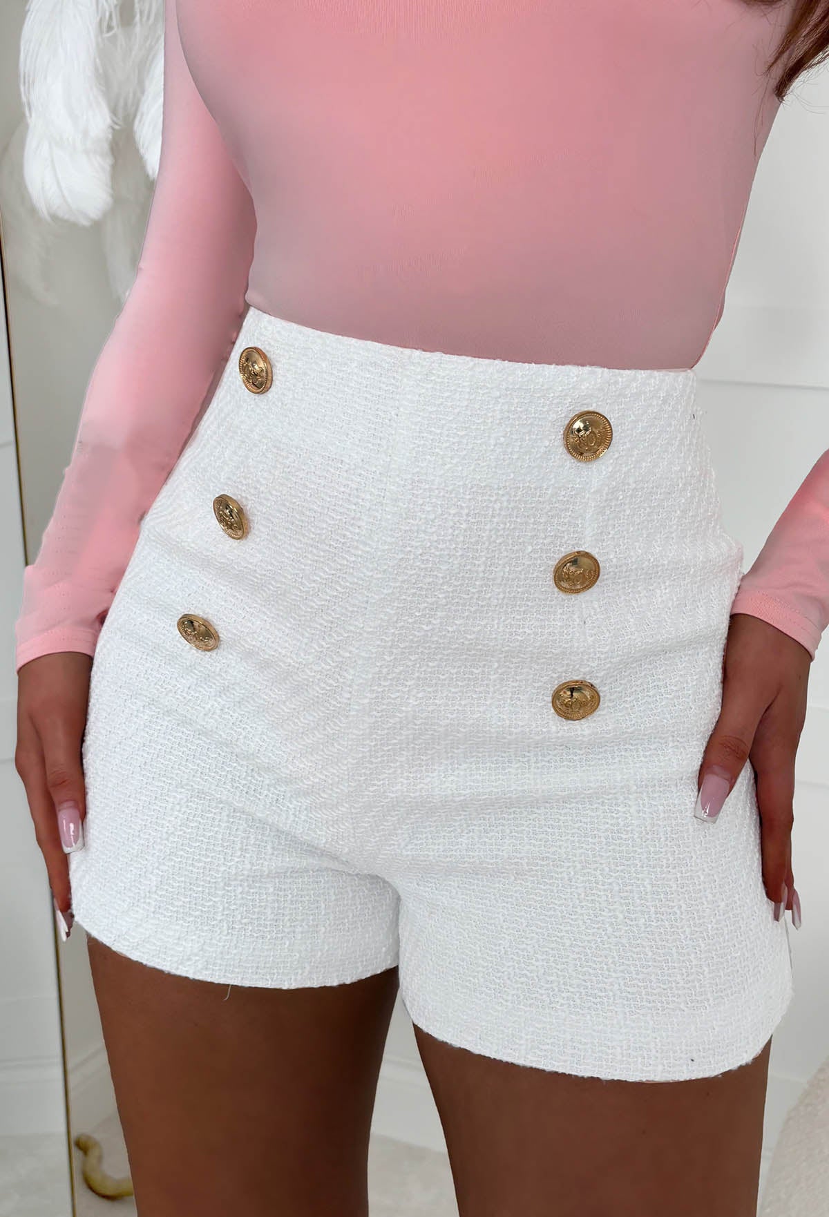 Coco Fever White Tweed Button Front Shorts