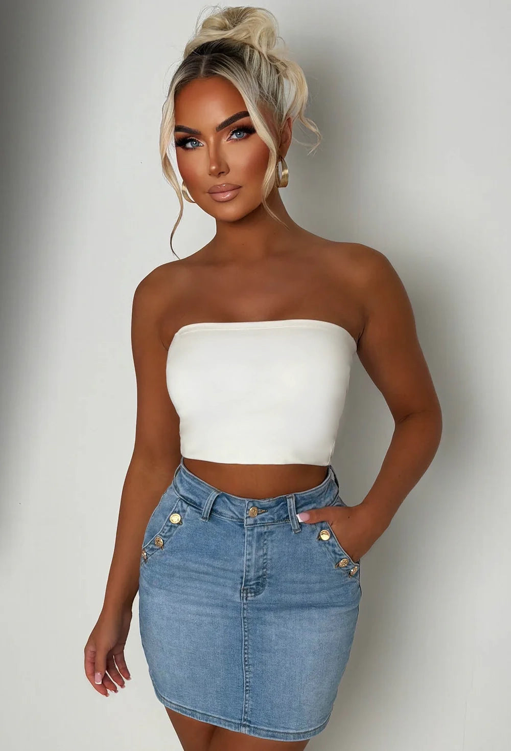 Coco Vibes Mid Wash Stretch Denim Gold Button Mini Skirt