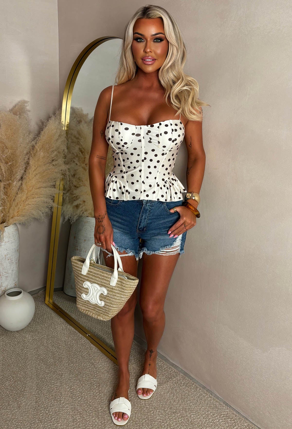 Cream Polka Dot Corset Style Top Full Length Front View