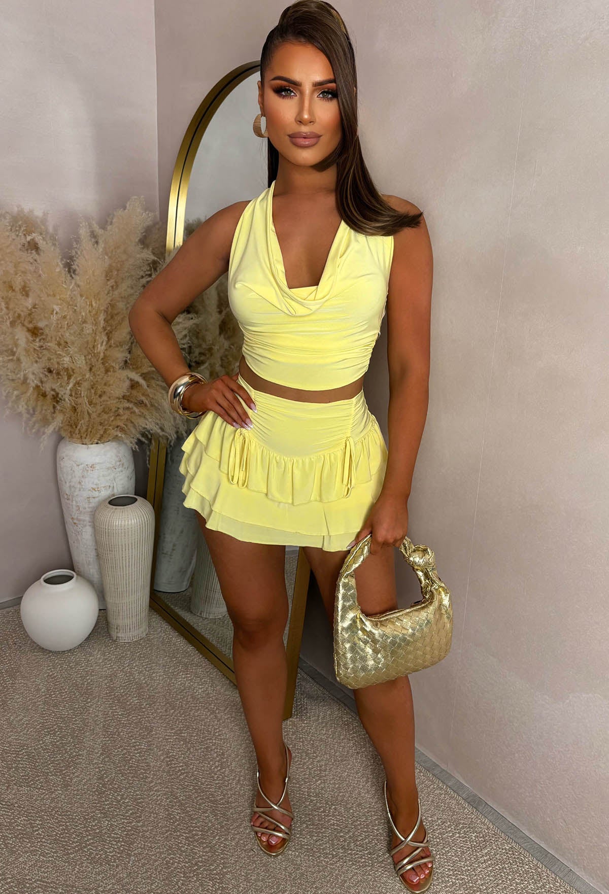 Coconut Breeze Lemon Slinky Cowl Neck Ruffle Skirt Co-ord