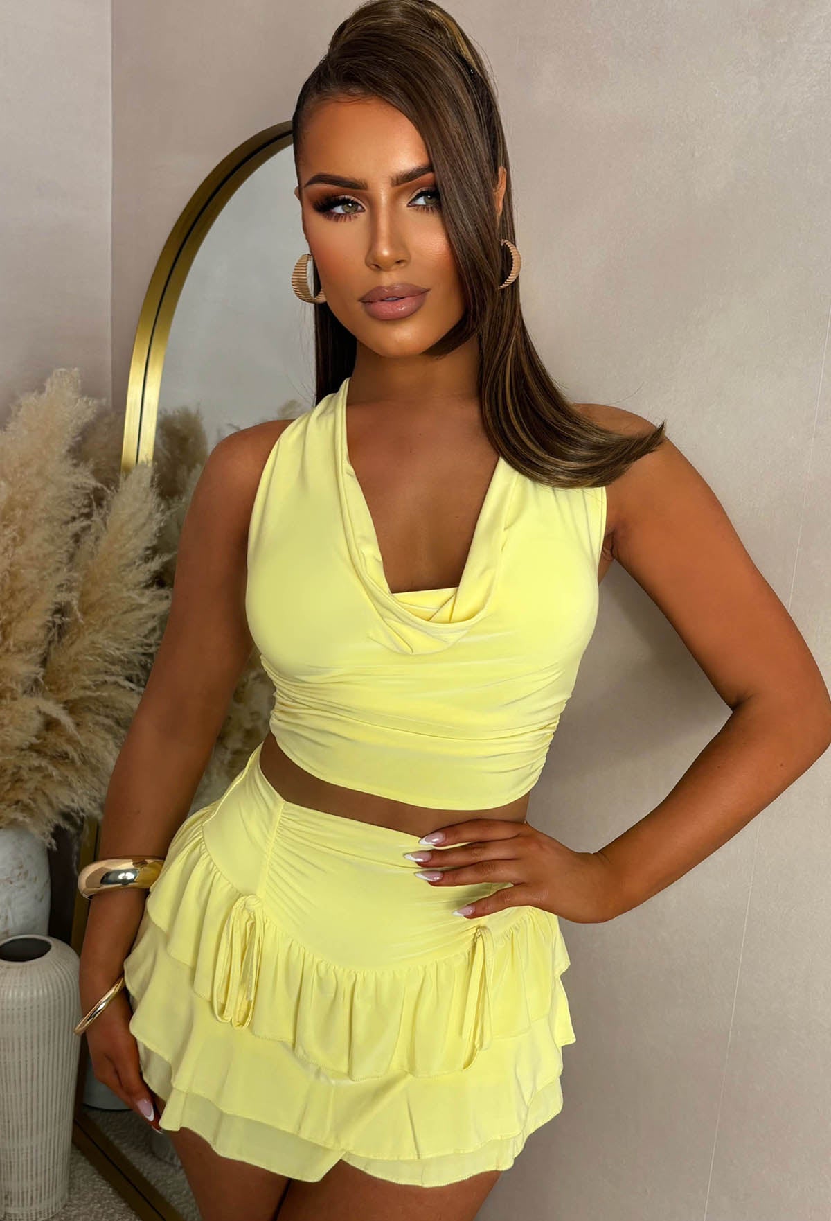 Coconut Breeze Lemon Slinky Cowl Neck Ruffle Skirt Co-ord