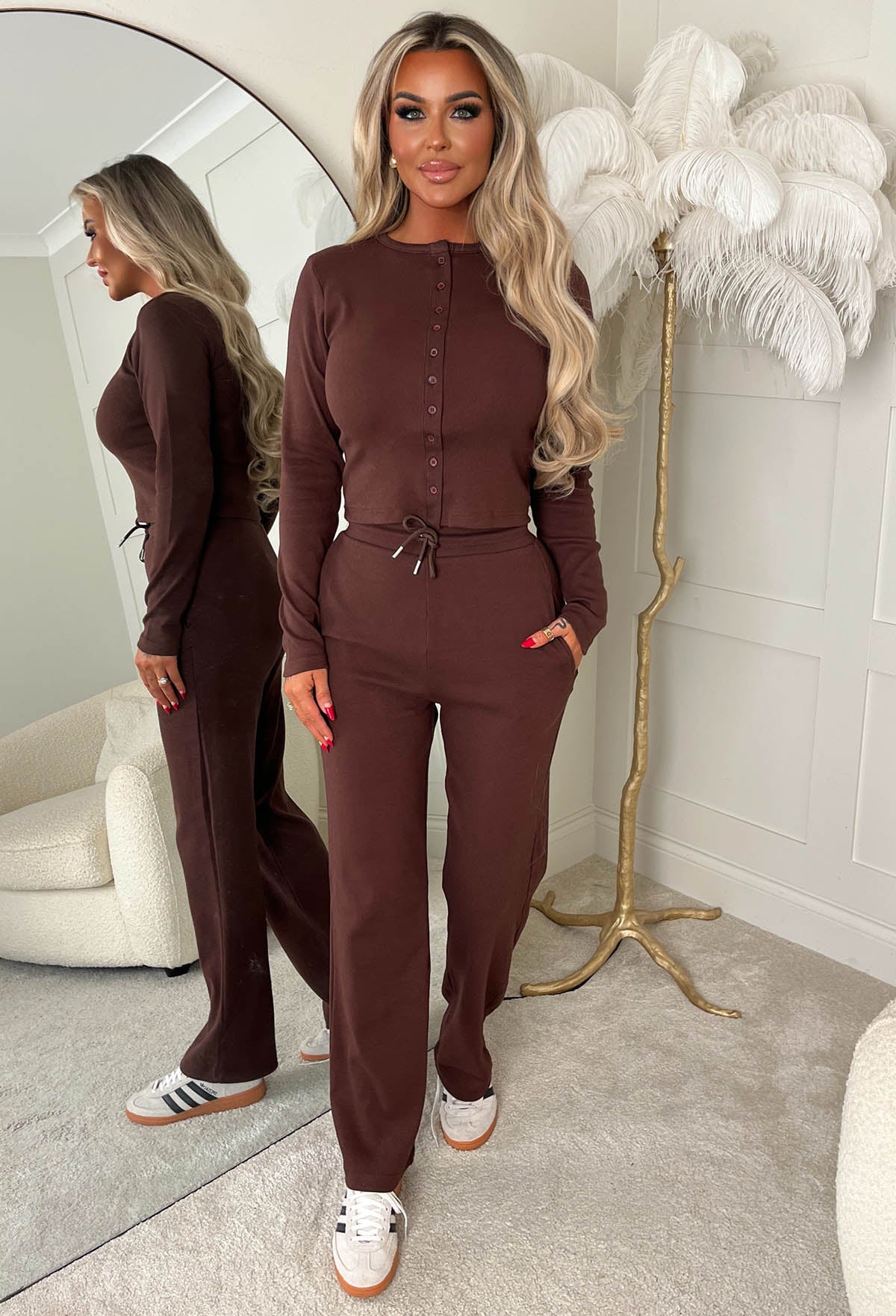 Comfort Me Chocolate Brown Ribbed Long Sleeve Co-ord Set