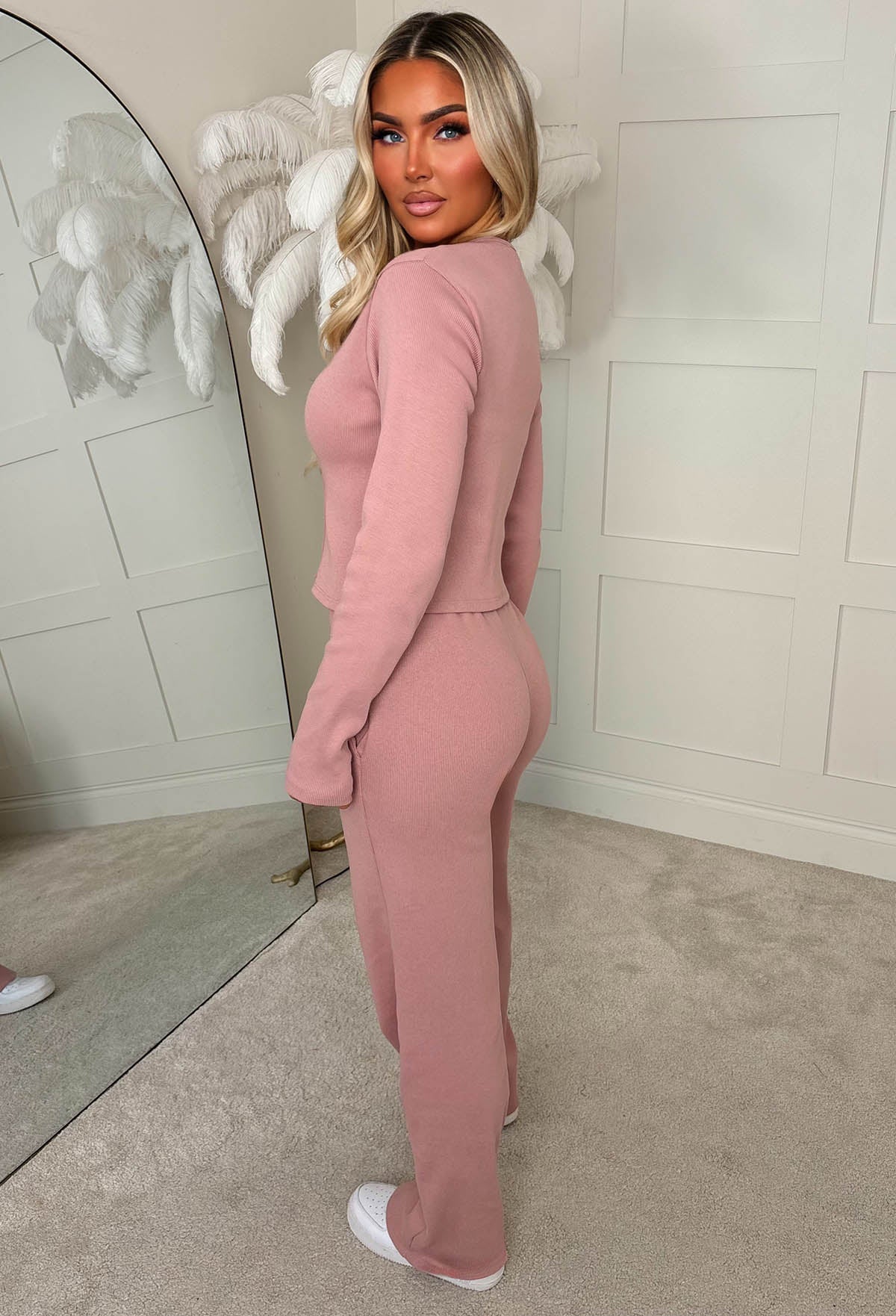 Comfort Me Dusty Pink Ribbed Long Sleeve Co-Ord Set