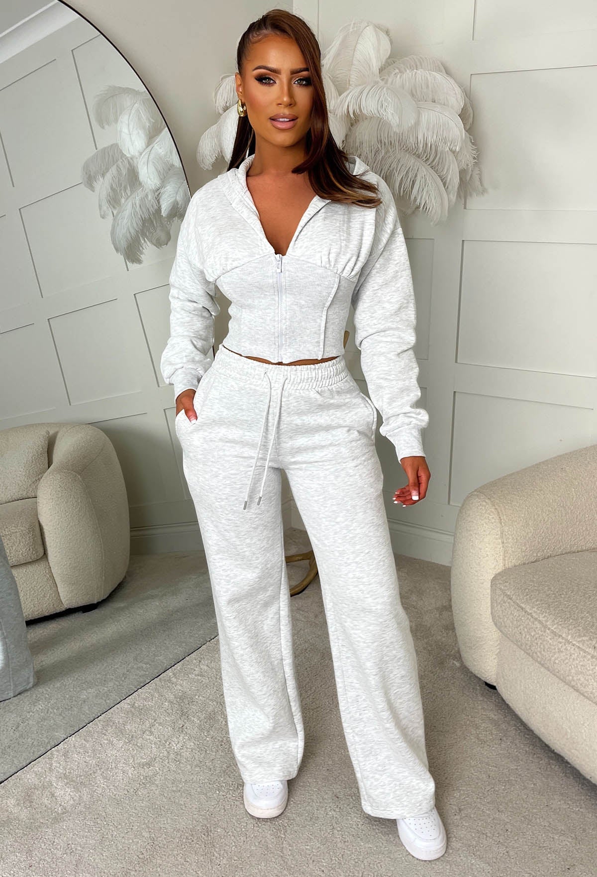 Comfy Girl Grey Cropped Zip Up Lounge Co-Ord Set Pink Boutique