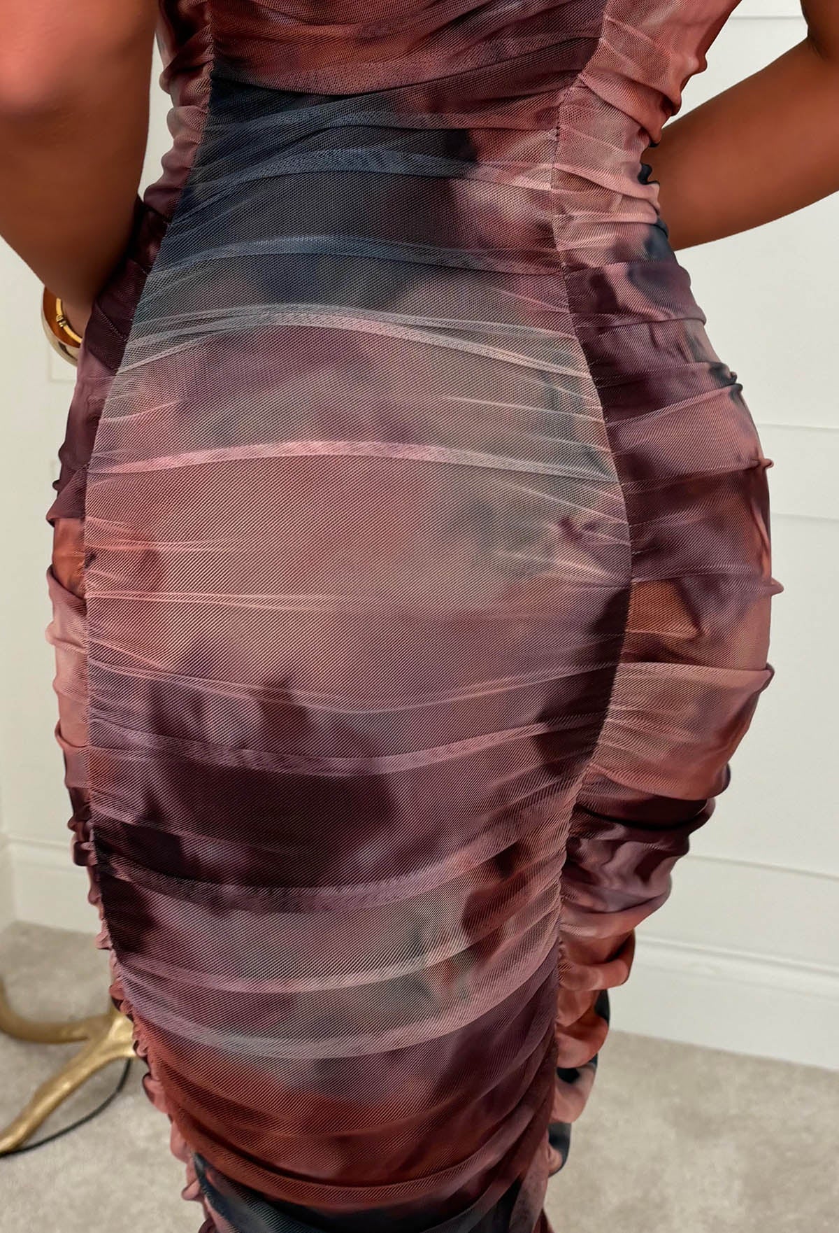 Contrast Crush Brown Printed Cowl Neck Mesh Cami Midi Dress