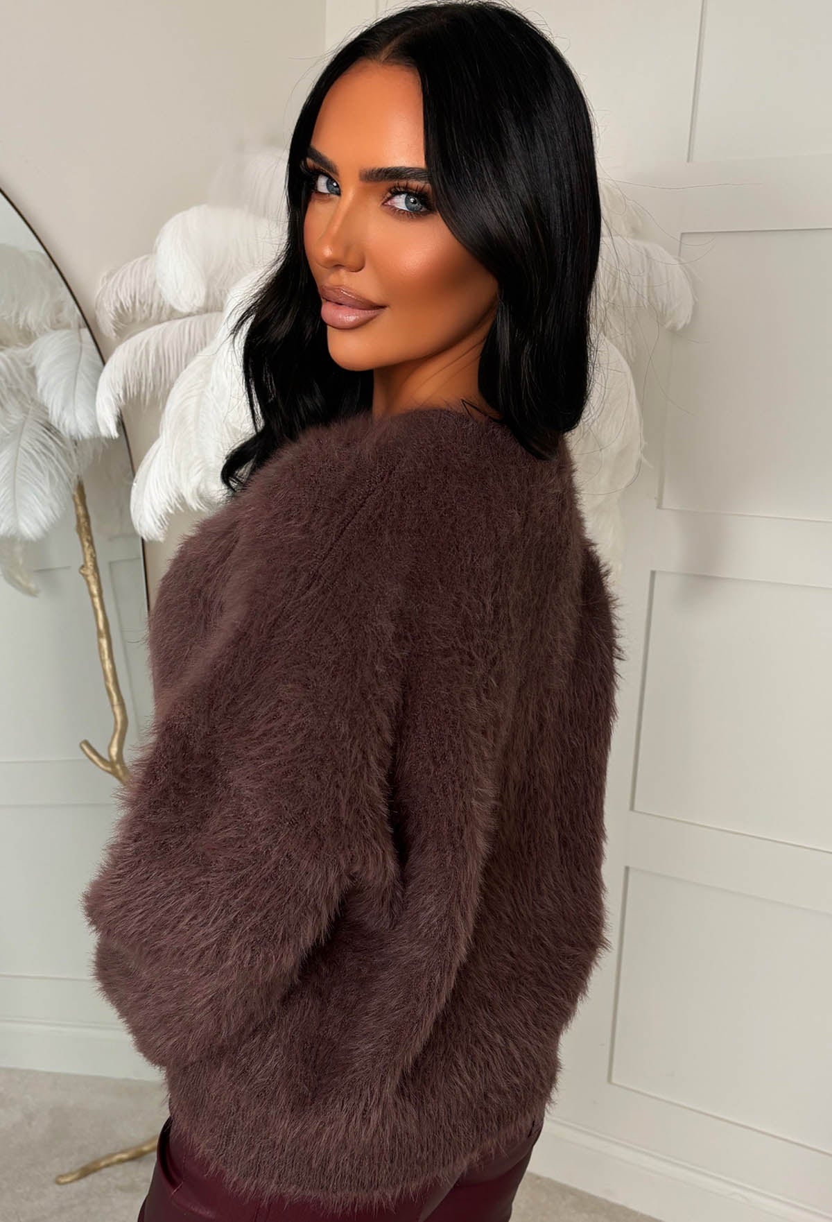 Cool & Cosy Brown Fluffy Wide Neck Jumper