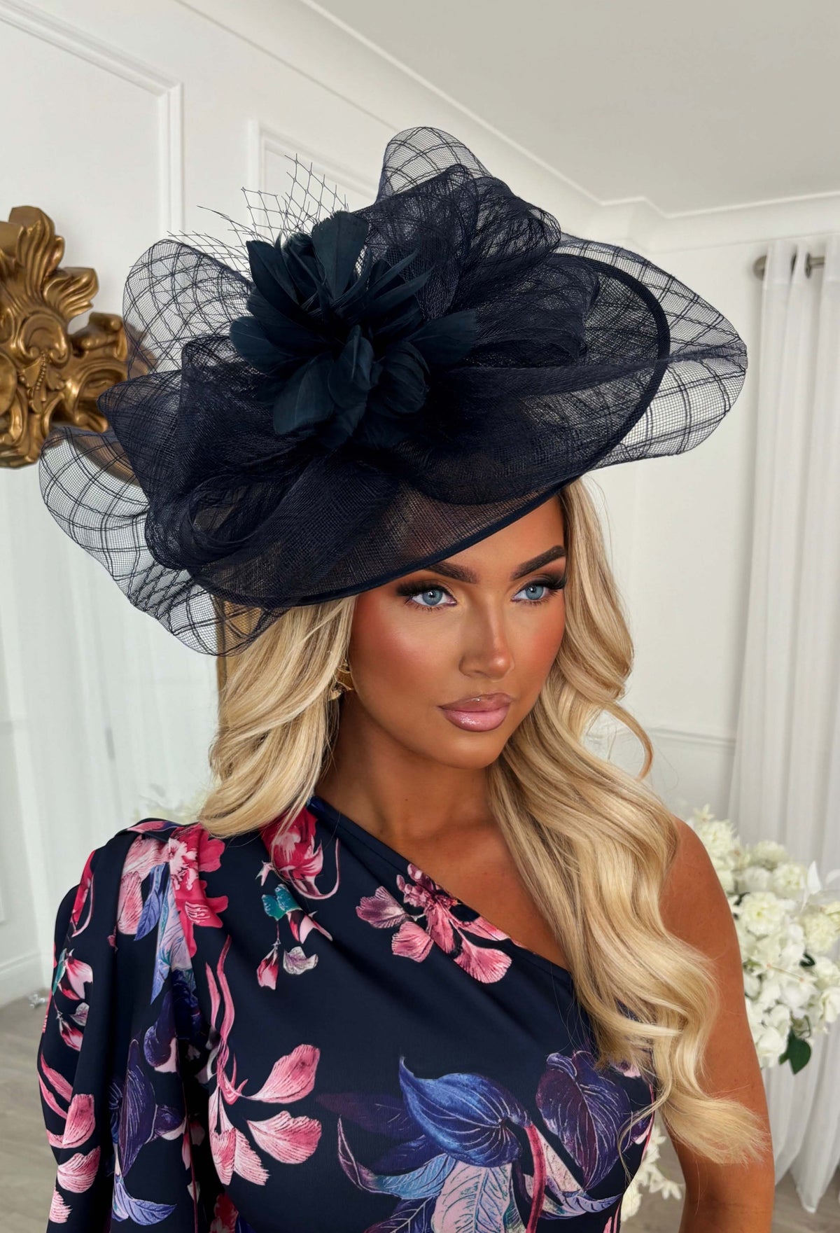 Blue Denim & Black Floral Statement Fascinator Hat - Women Accessories Cosmo Chic Navy Floral Bow Detail Fascinator | Pink Boutique main image 3