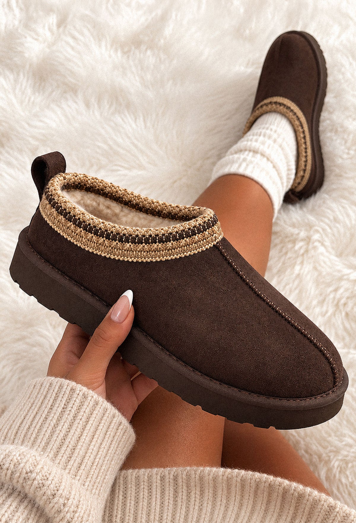 Brown Aztec trim faux fur lined boot with chunky sole and textured suede-look finish.
