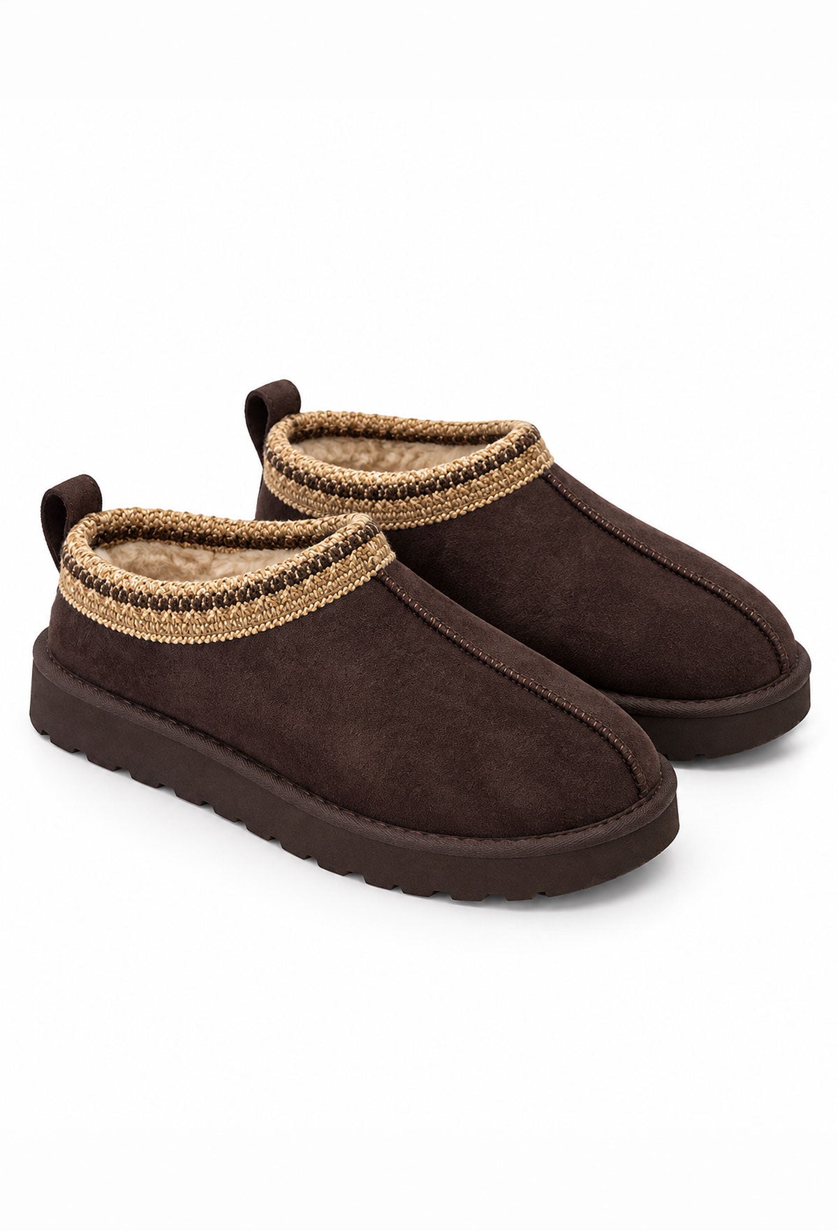 Brown Aztec trim faux fur lined boot with chunky sole and textured suede-look finish.
