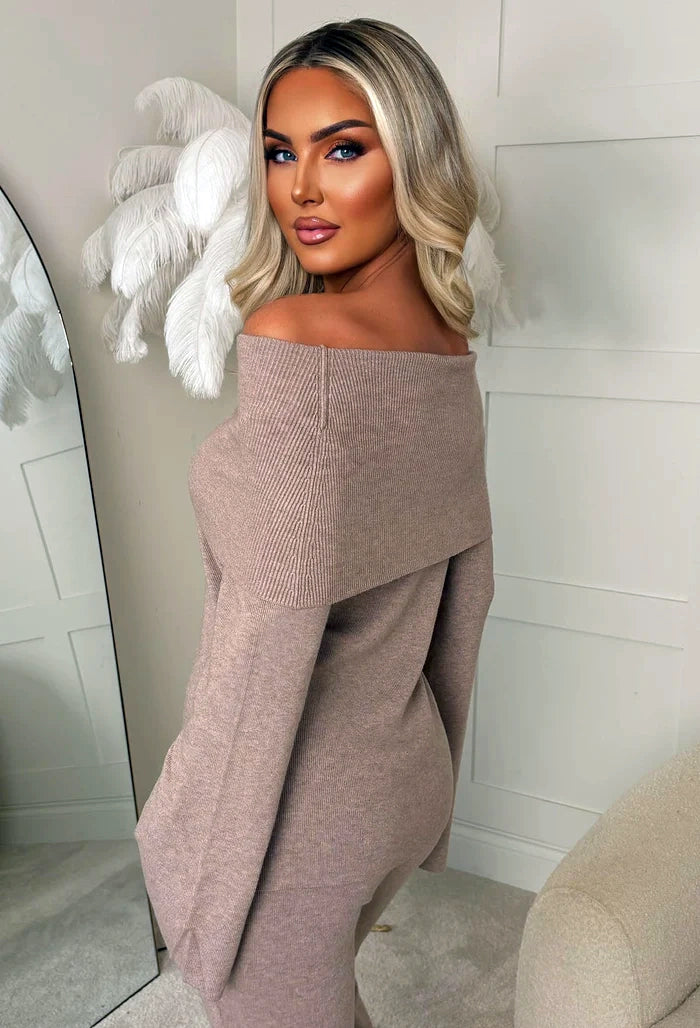 Cosy In The City Taupe Bardot Knit Top & Flare Trouser Set