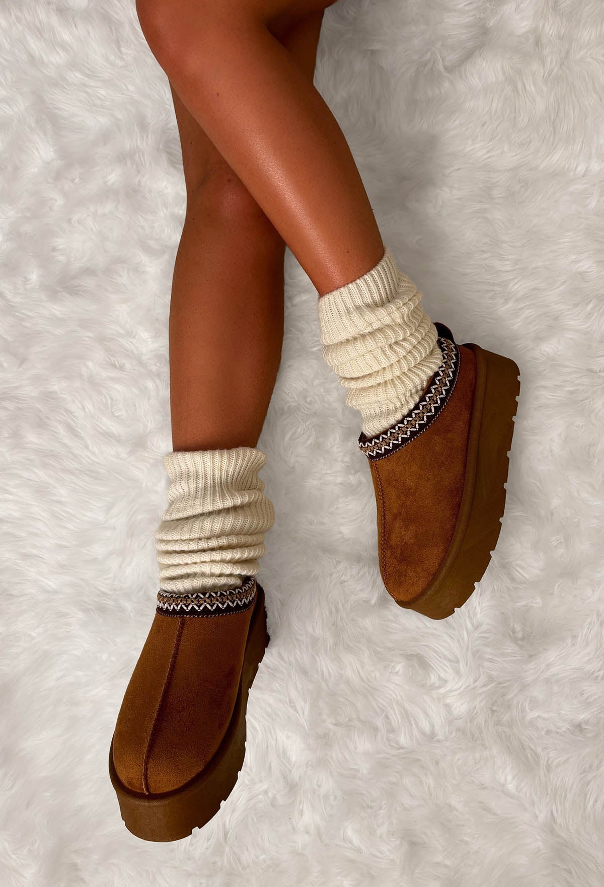 Cosy Luxury Tan Aztec Trim Faux Fur Lined Platform Boots