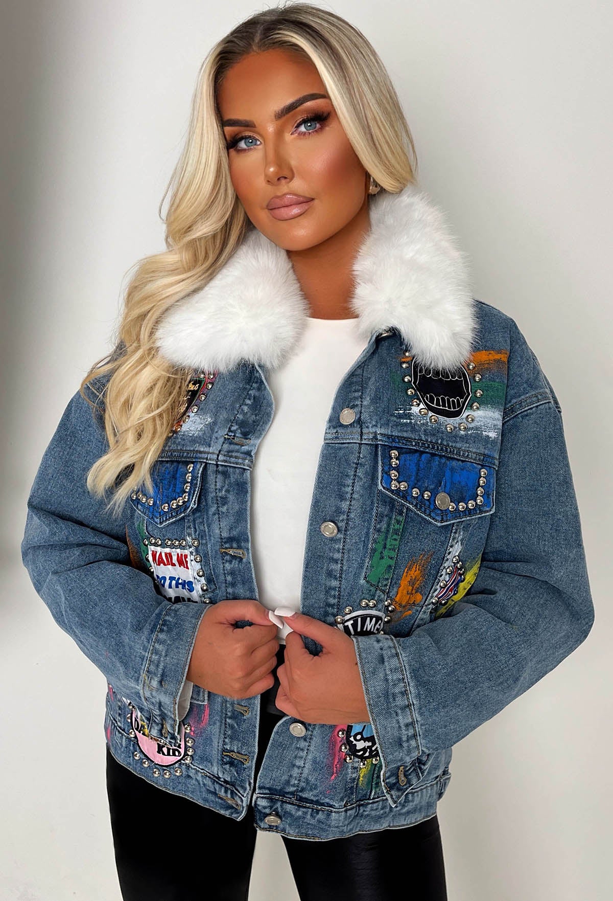 Cosy Up Mid Wash Embellished Denim Jacket Removable Borg Lining