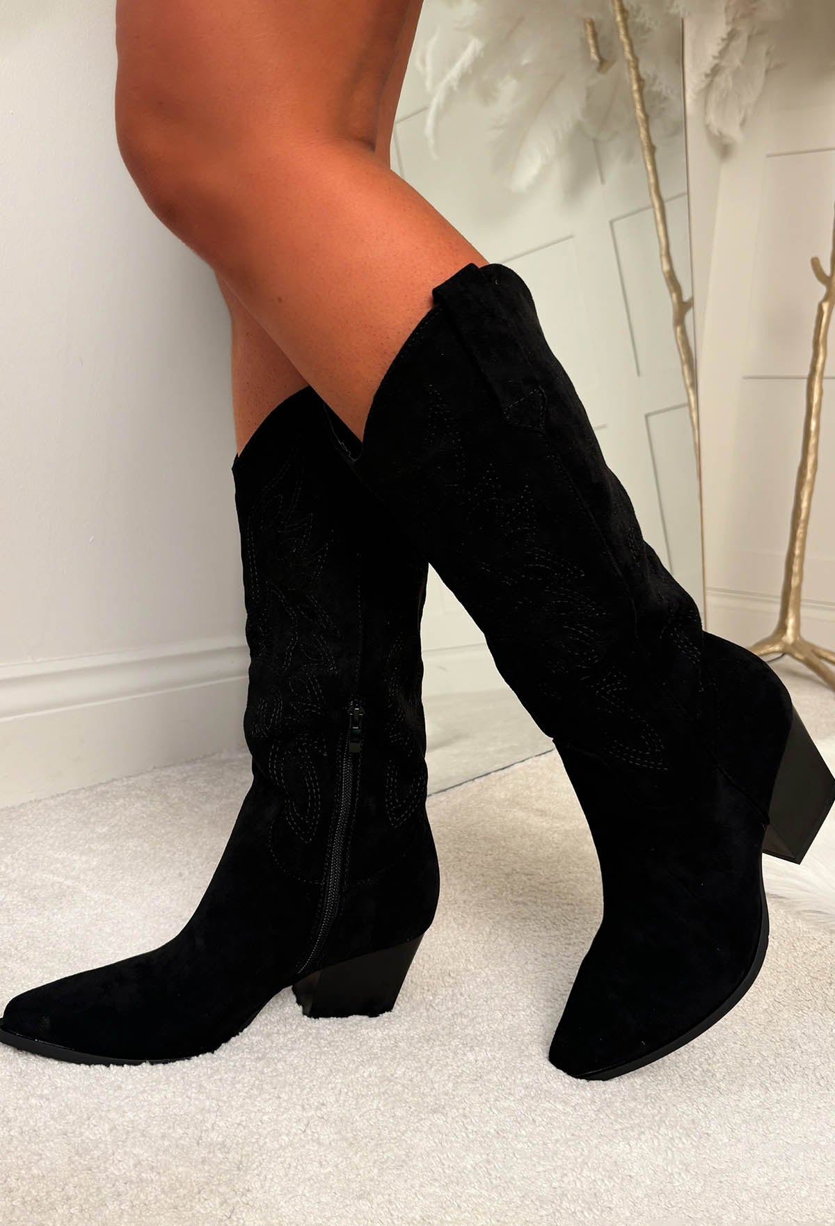 Cowboy Kicks Black Embroidered Western Mid Calf Boots