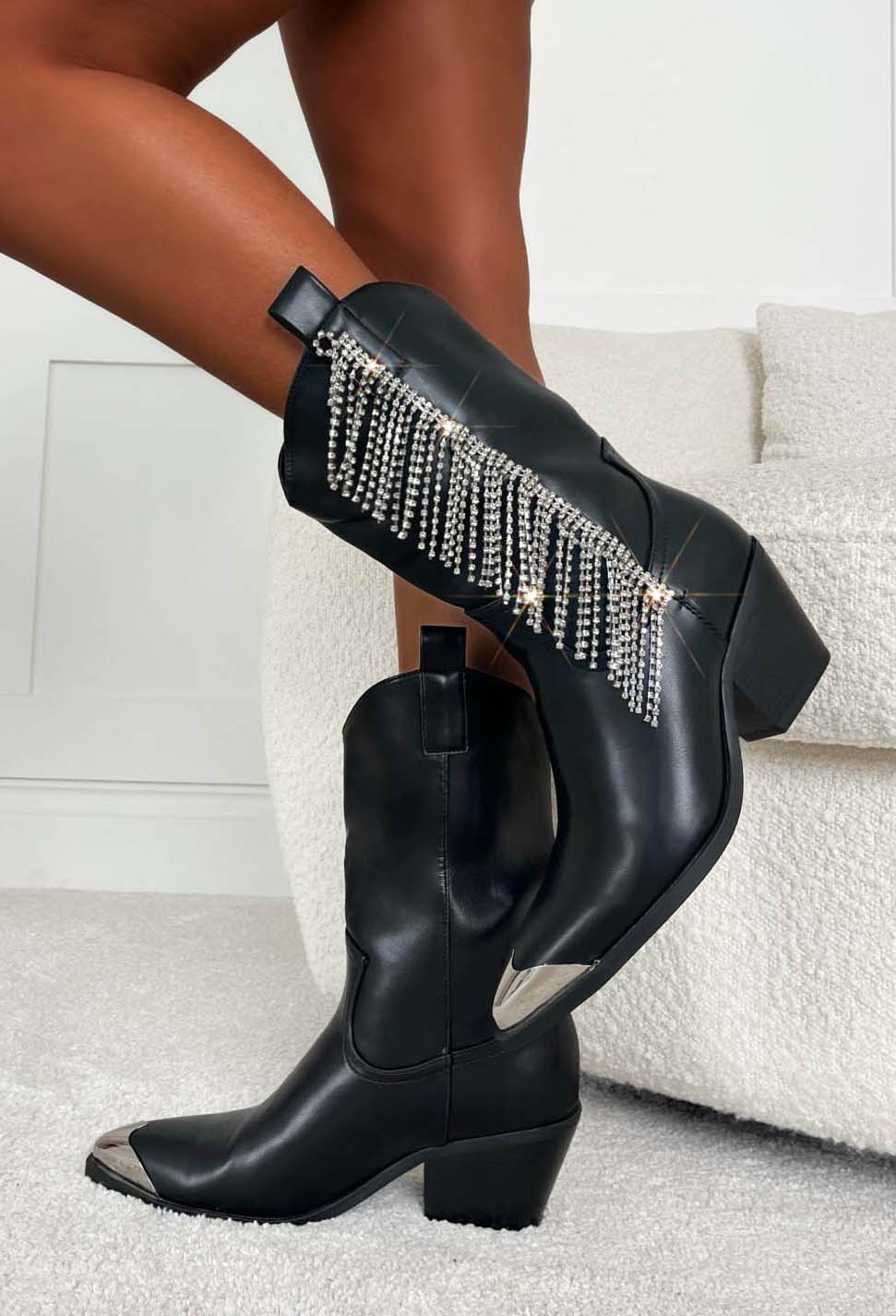 Cowboy Thrills Black Diamante Tassel Cowboy Boot