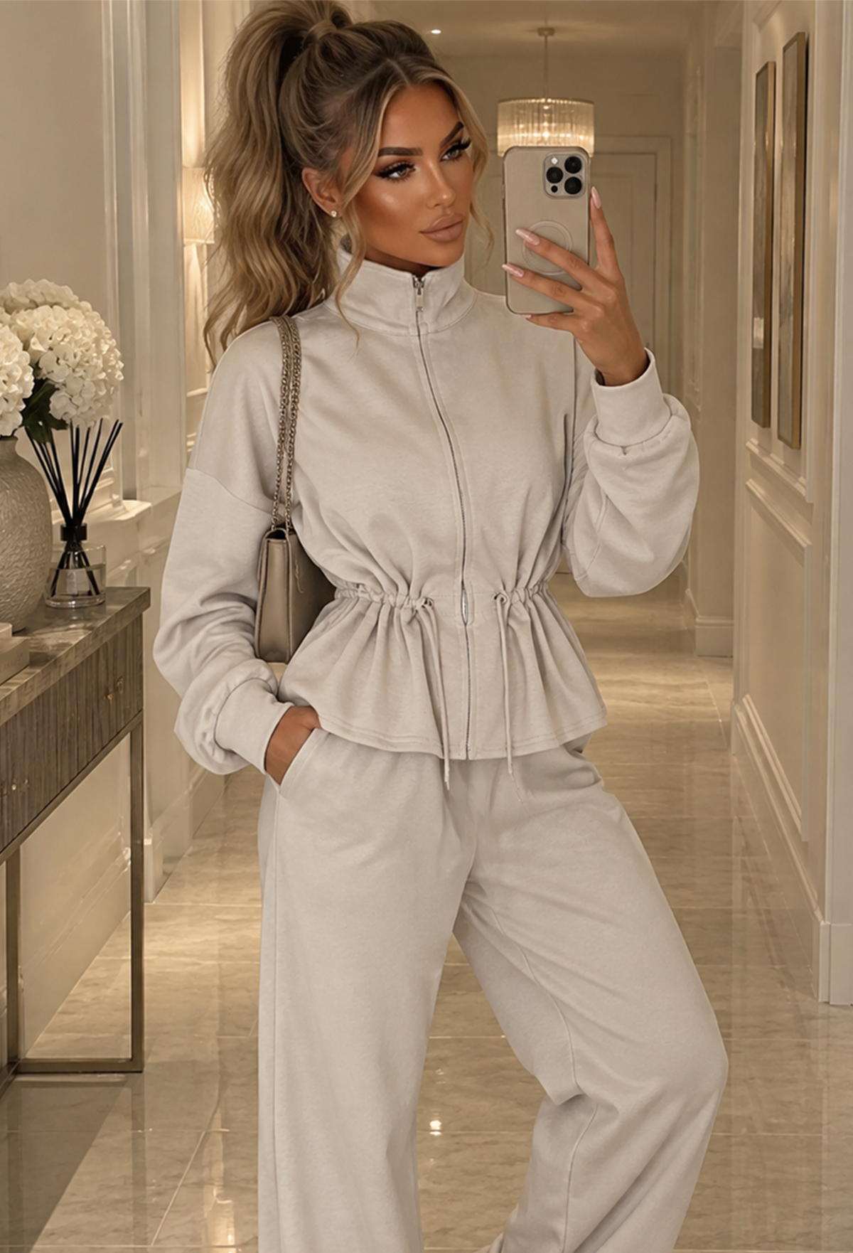 Cream drawstring waist co-ord set featuring a zip-up long sleeve top and wide leg trousers.