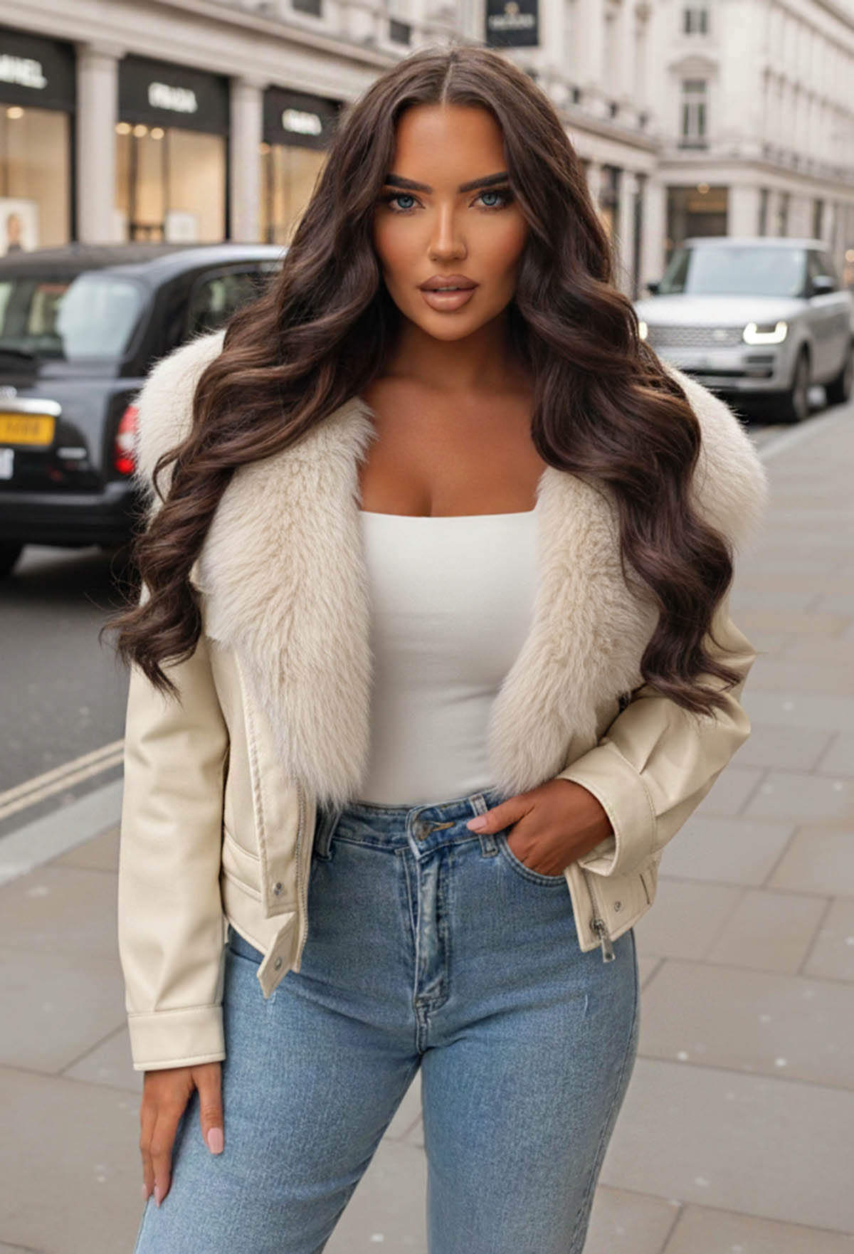 Warm Feelings Stone Faux Fur Collared Faux Leather Jacket