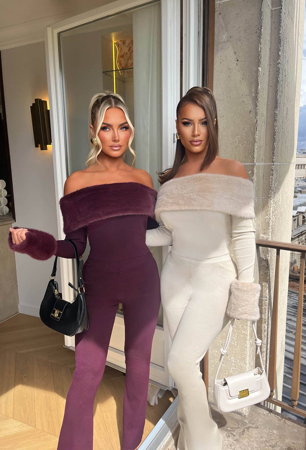 Crimson Allure Burgundy Faux Fur Bardot Jumper With Knitted Trouser Co-ord Set