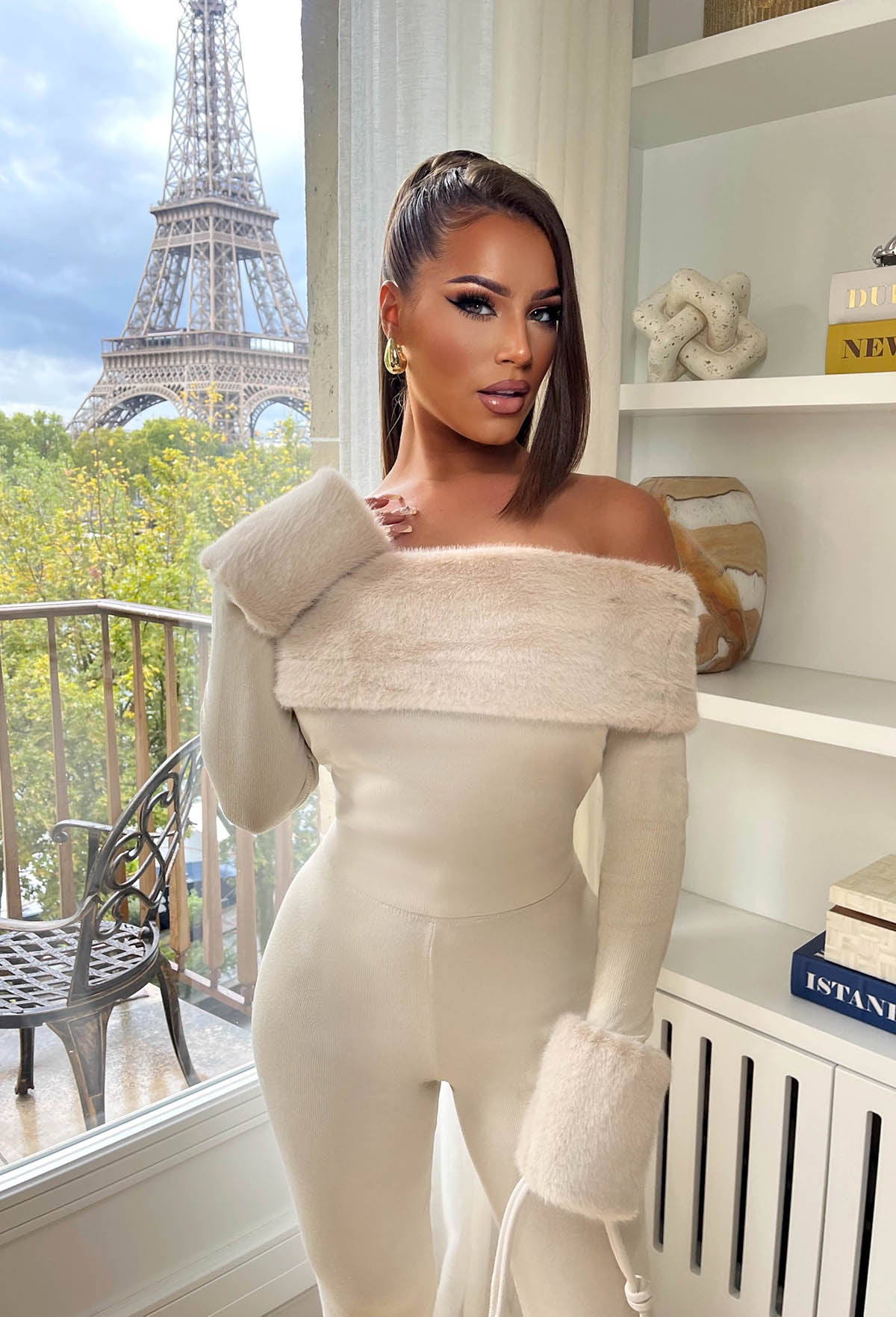 Crimson Allure Cream Faux Fur Bardot Jumper With Knitted Trouser Co-ord Set