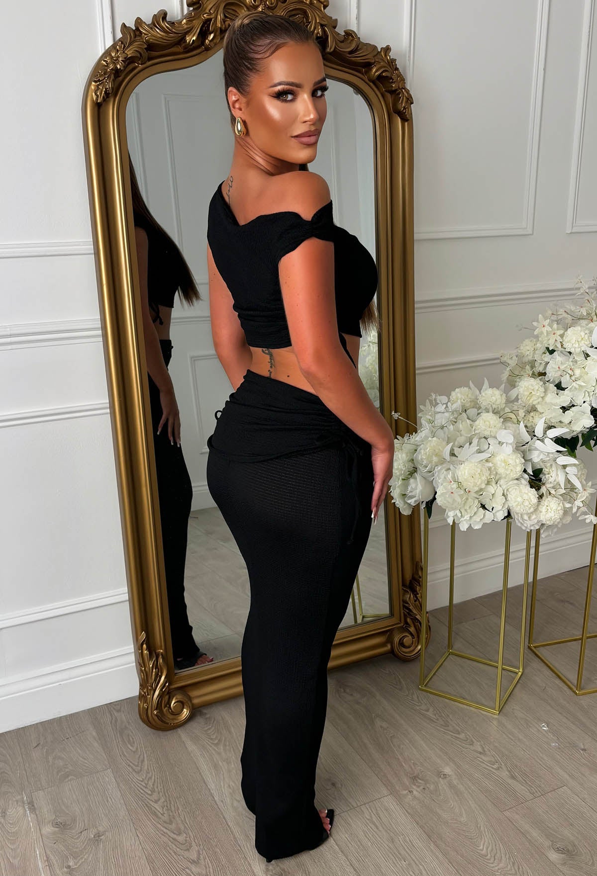 Crinkle Cutie Black Ruched Detail Co-Ord Set