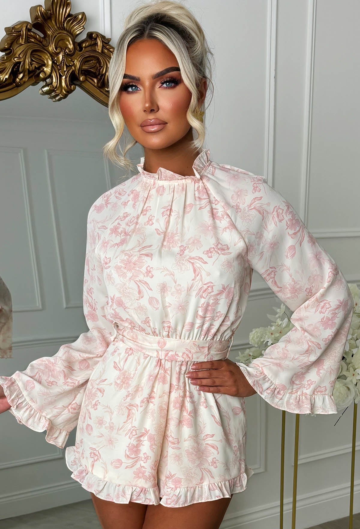 Cutesie Me Pink Frill Neck Backless Printed Playsuit