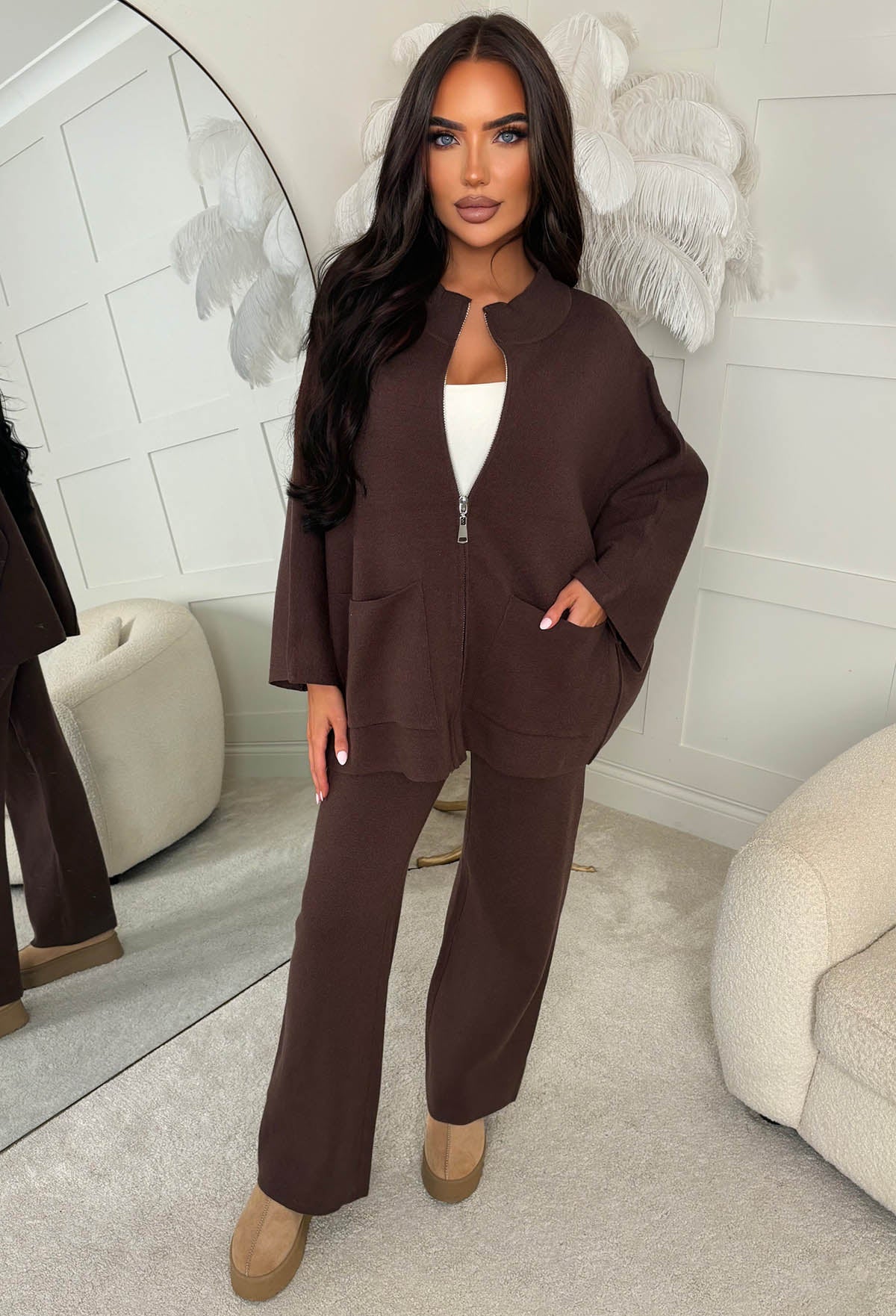 Cutest Cosies Brown Zip Up Batwing Knitted Set