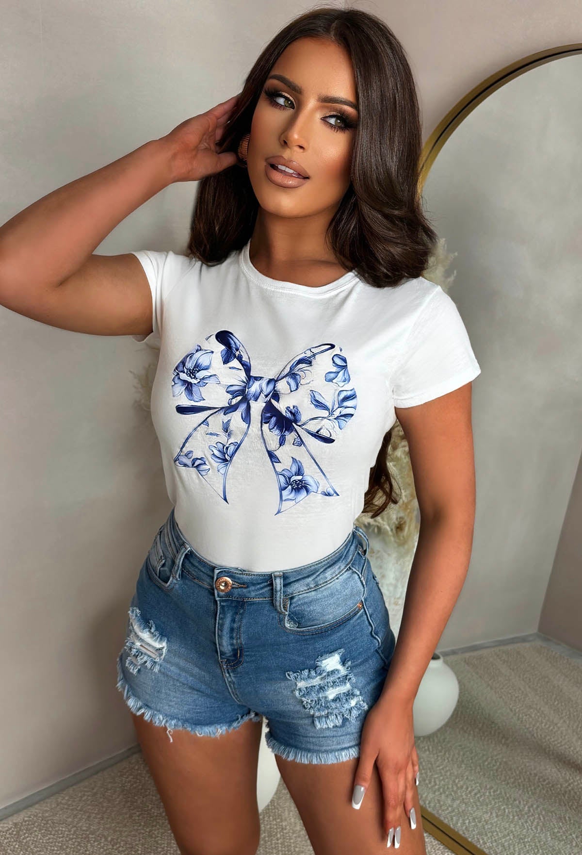 Cutesy Mood White Blue Floral Bow Fitted T-Shirt