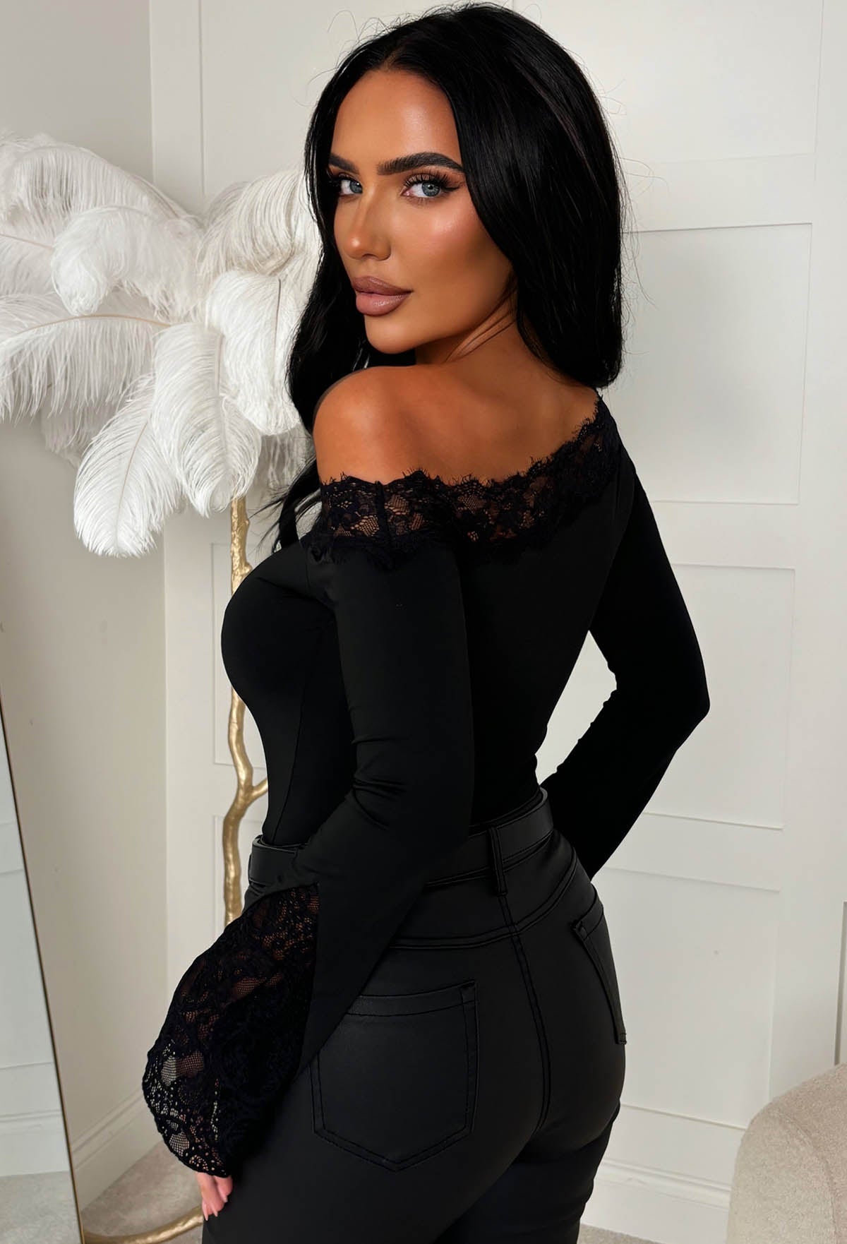 Dare To Dream Black Lace Asymmetric Neck Flare Sleeve Top