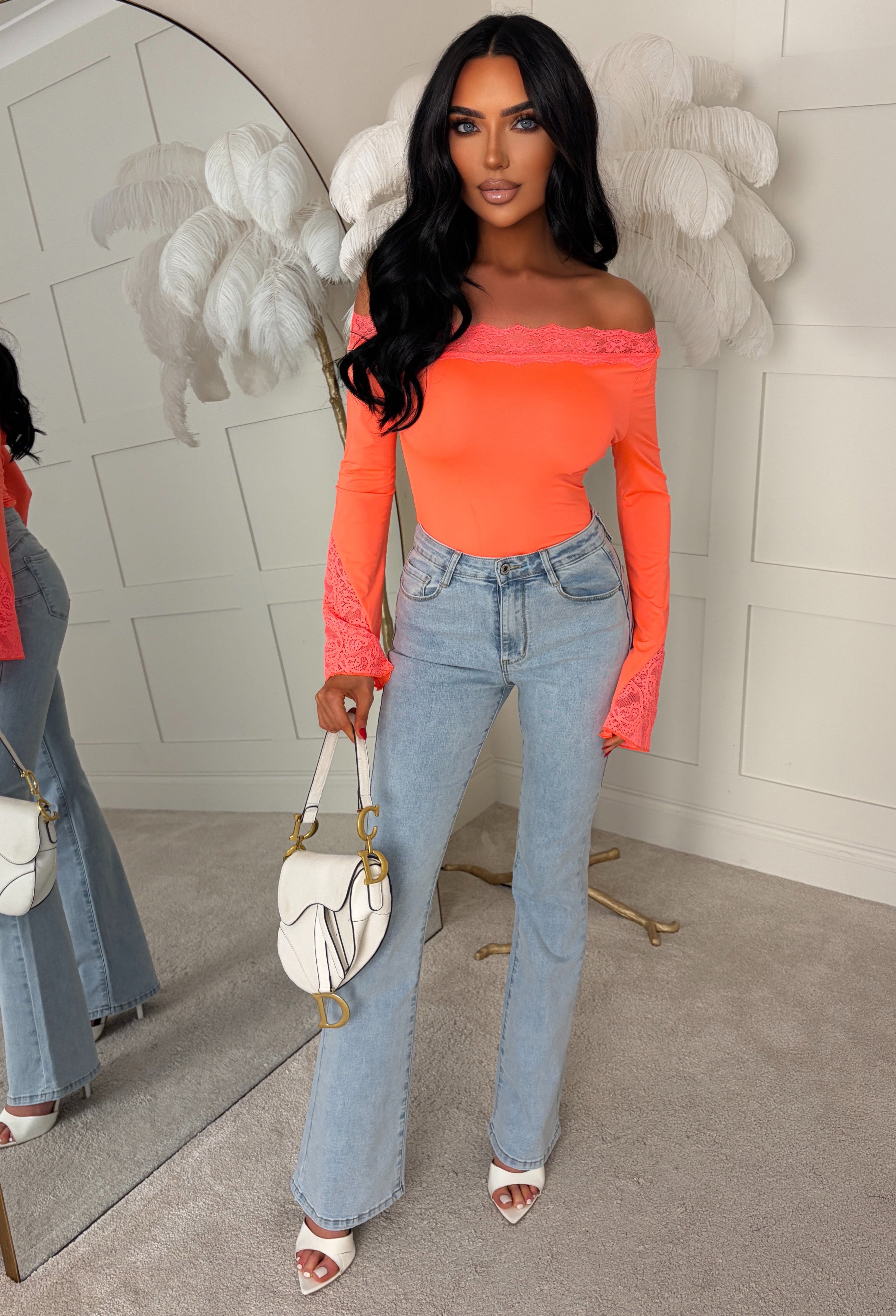 Dare To Dream Coral Lace Asymmetrical Neck Flared Sleeve Top