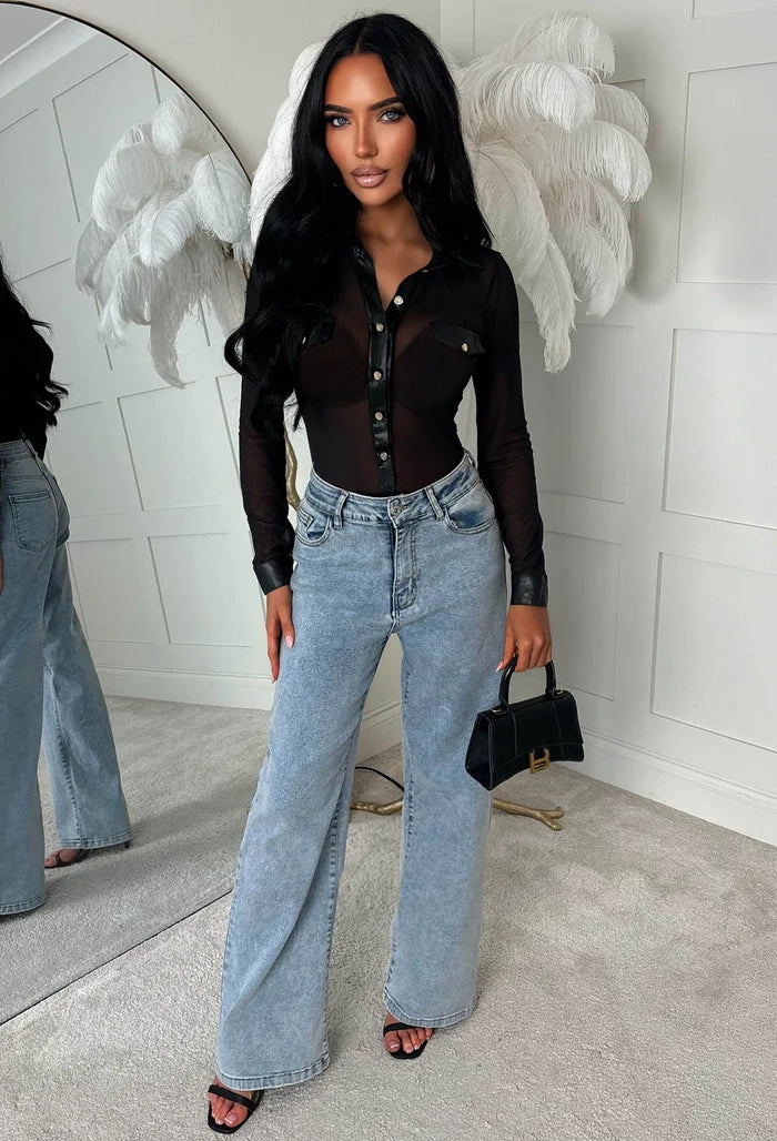 Dark Desire Black Sheer Mesh Faux Leather Trim Bodysuit