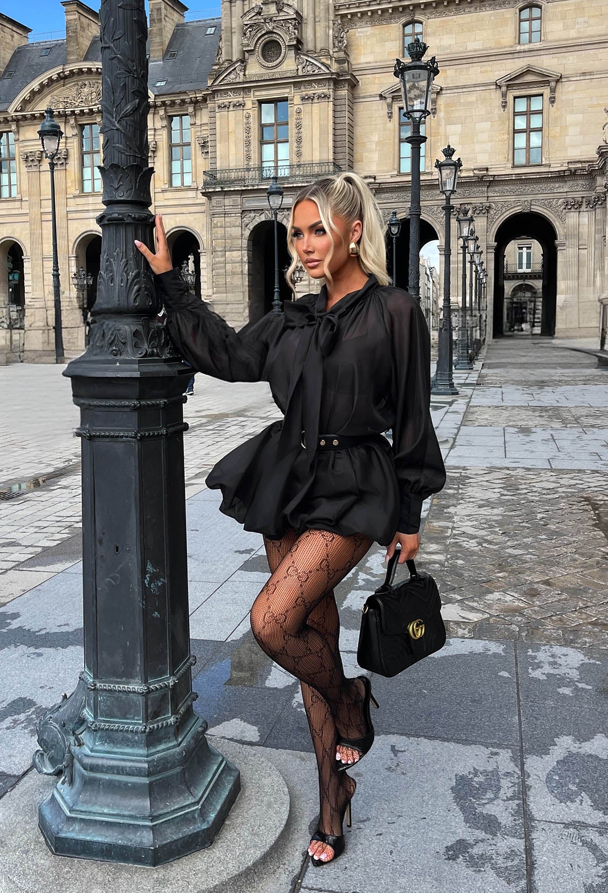 Dark Temptation Black Sheer Pussy Bow Blouse With Mini Puffball Skirt