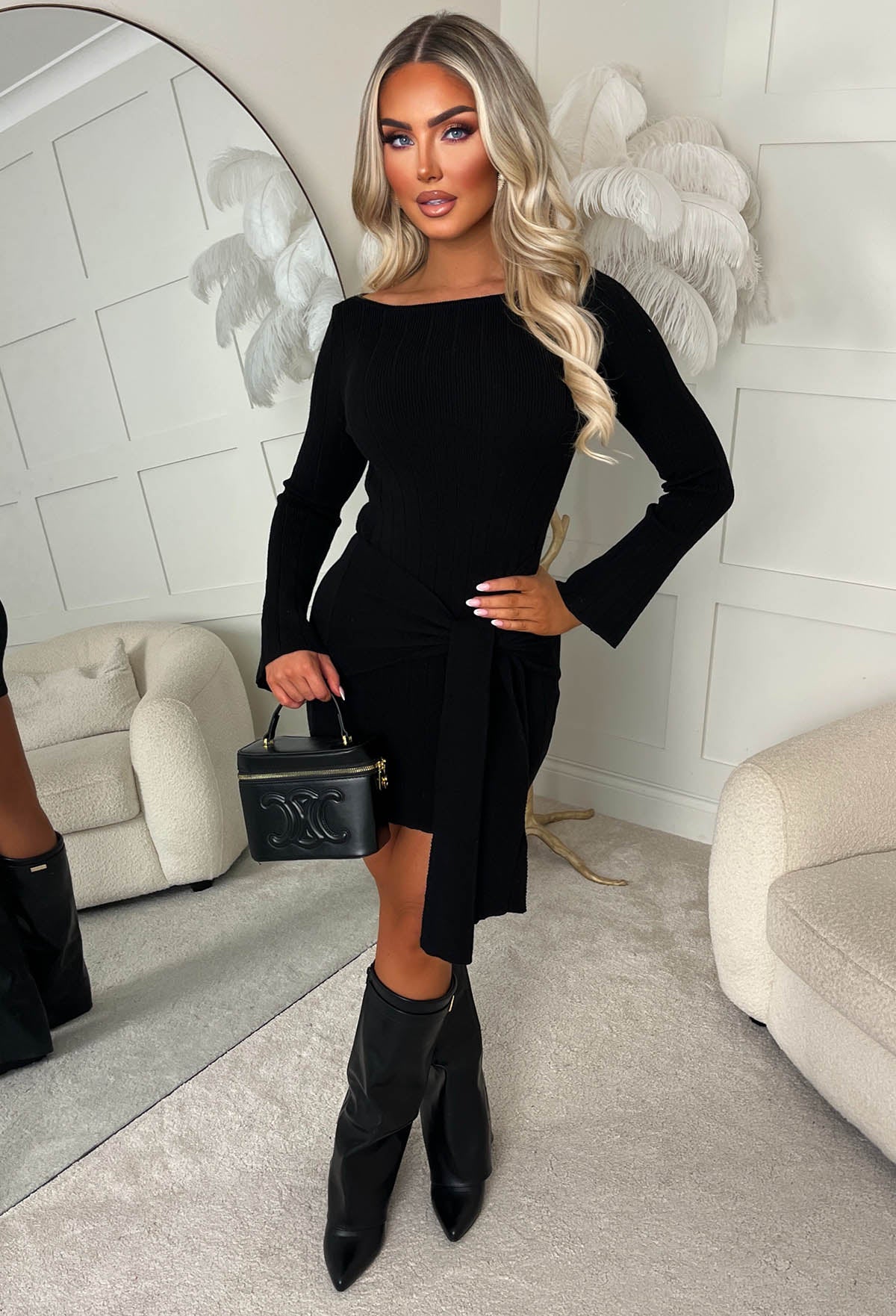 Darling Always Black Ultra Soft Tie Knot Knitted Mini Dress | Pink Boutique Darling Always Black Ultra Soft Tie Knot Knitted Mini Dress | Pink Boutique