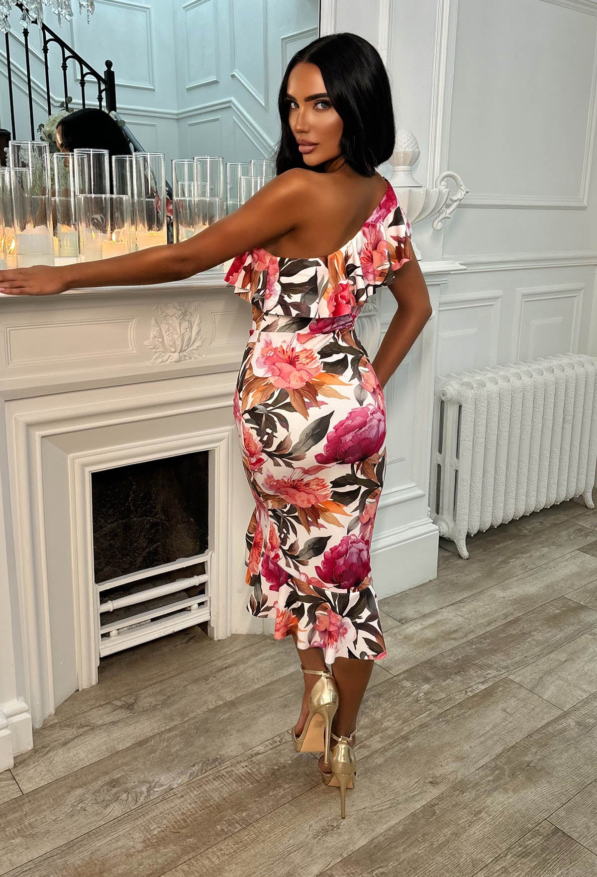 Darling Daydream Multi Rose Print Asymmetric Ruffle Midi Dress