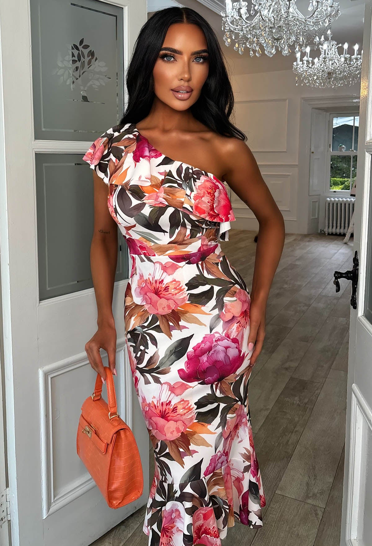 Darling Daydream Multi Rose Print Asymmetric Ruffle Midi Dress