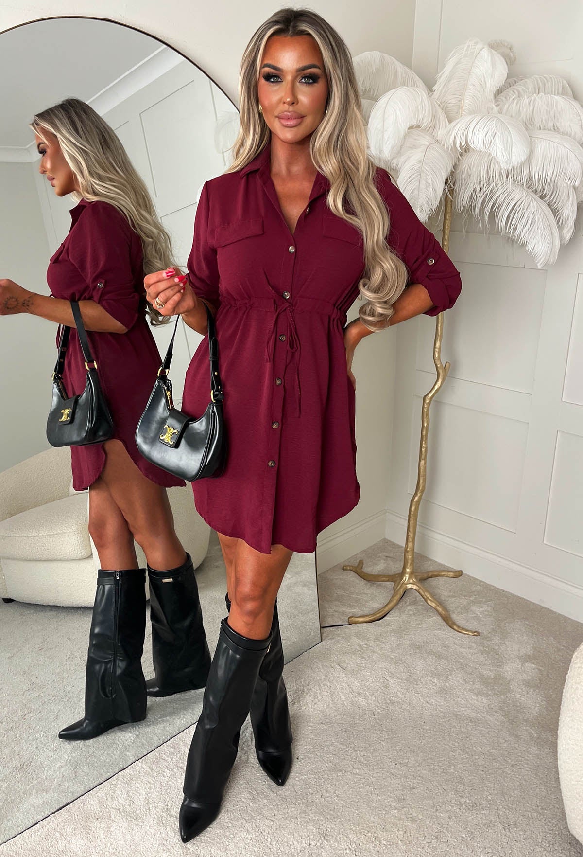 Darling Delight Burgundy Tie Front Shirt Dress