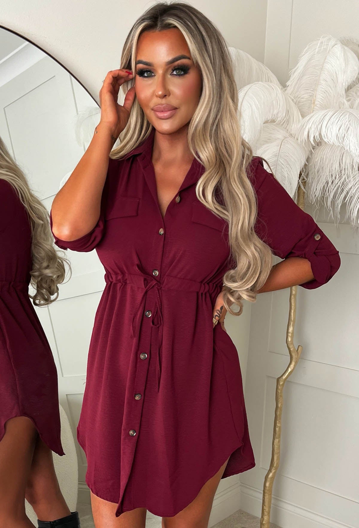 Darling Delight Burgundy Tie Front Shirt Dress