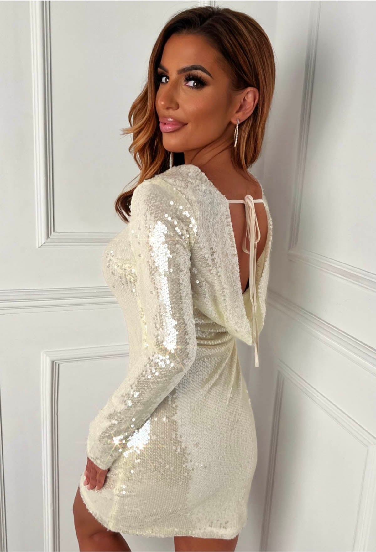 Dazzle Darling Cream Sequin Cowl Back Dress