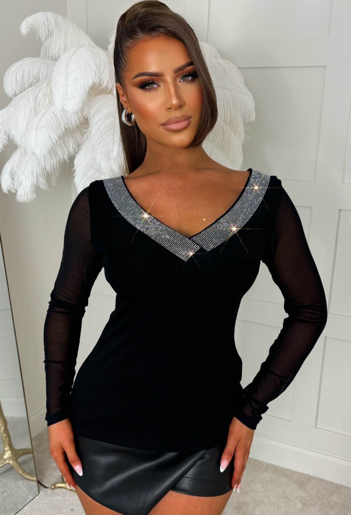 Dazzle Mine Black Embellished V Neck Collar Top