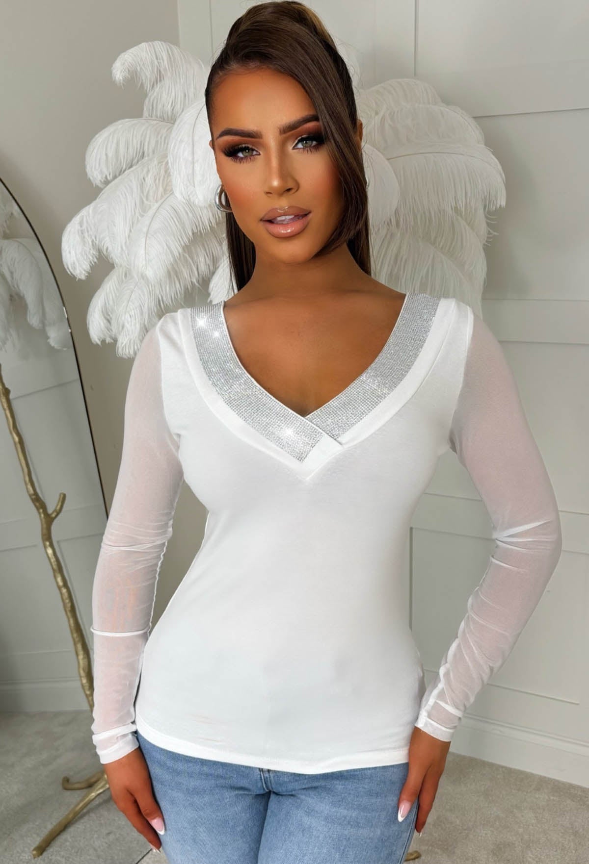 Dazzle Mine White Embellished V Neck Collar Top