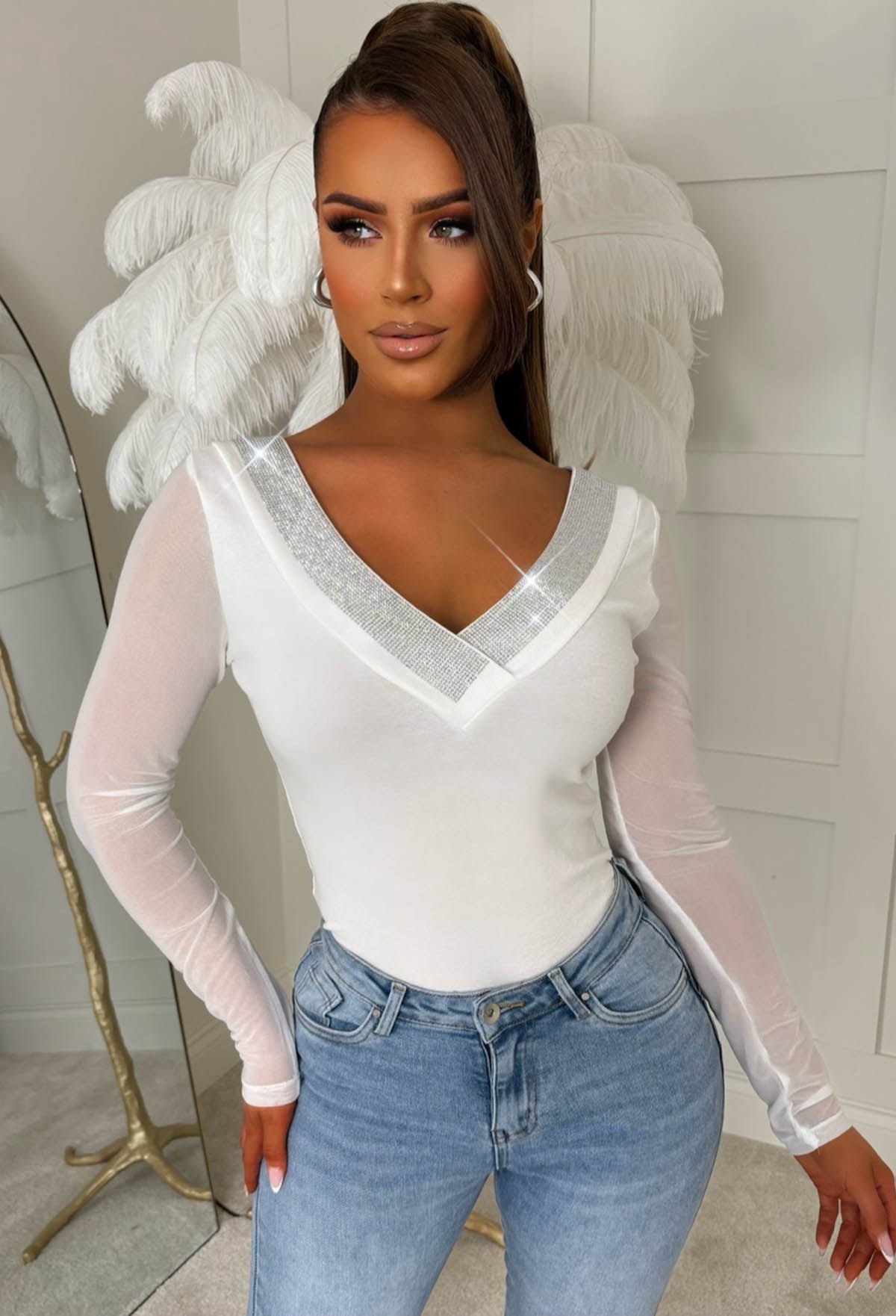 Dazzle Mine White Embellished V Neck Collar Top