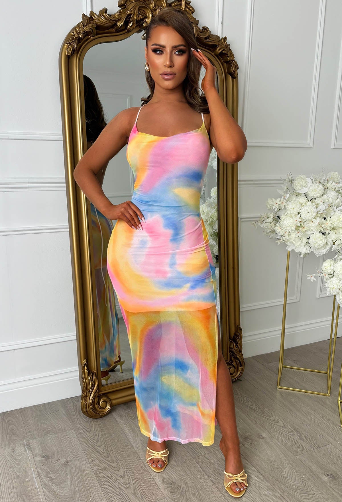 Deep Dive Desire Multi Abtract Print Cowl Neck Cross Back Mesh Dress