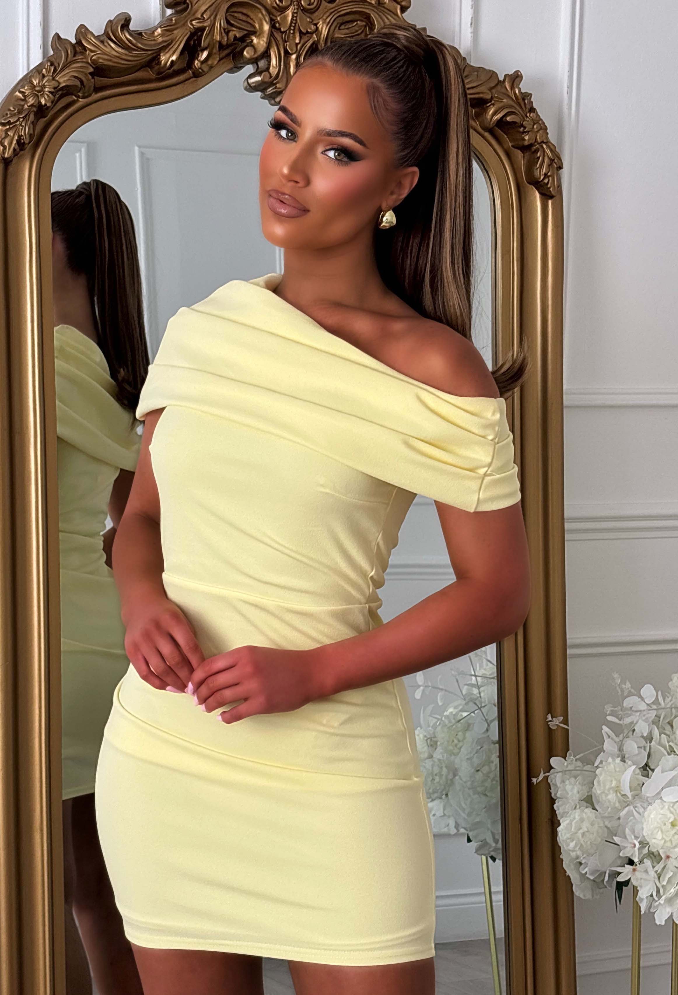 Delicate Allure Lemon Asymmetric Bardot Neck Mini Dress